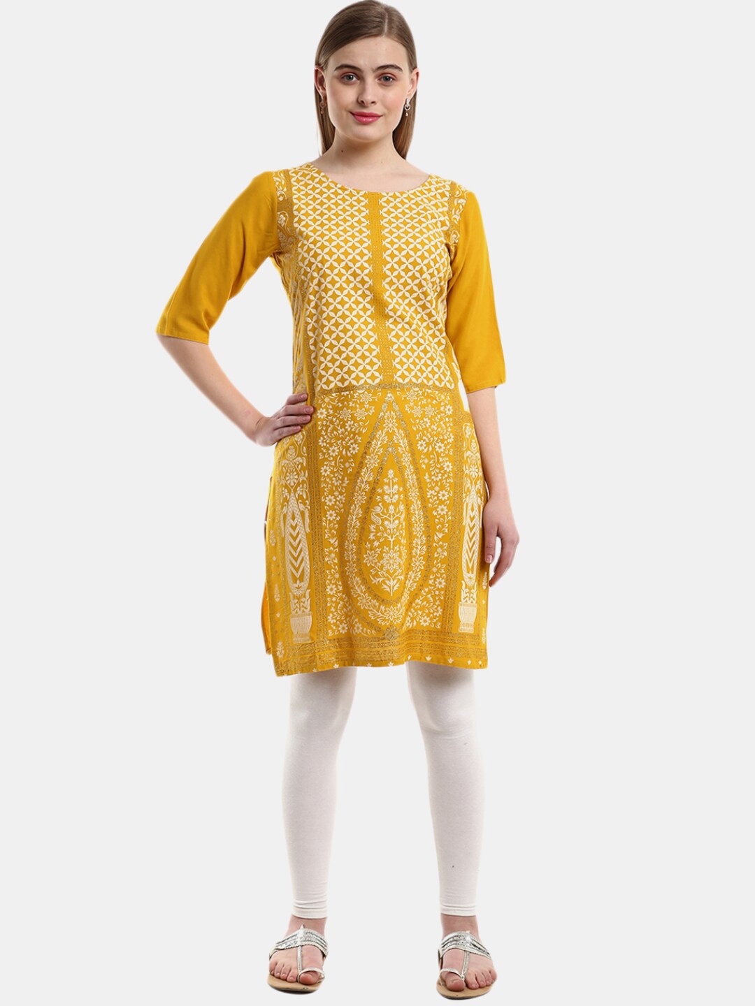 

V-Mart Women Mustard Yellow Ethnic Motifs Dyed Keyhole Neck Thread Work Kurta