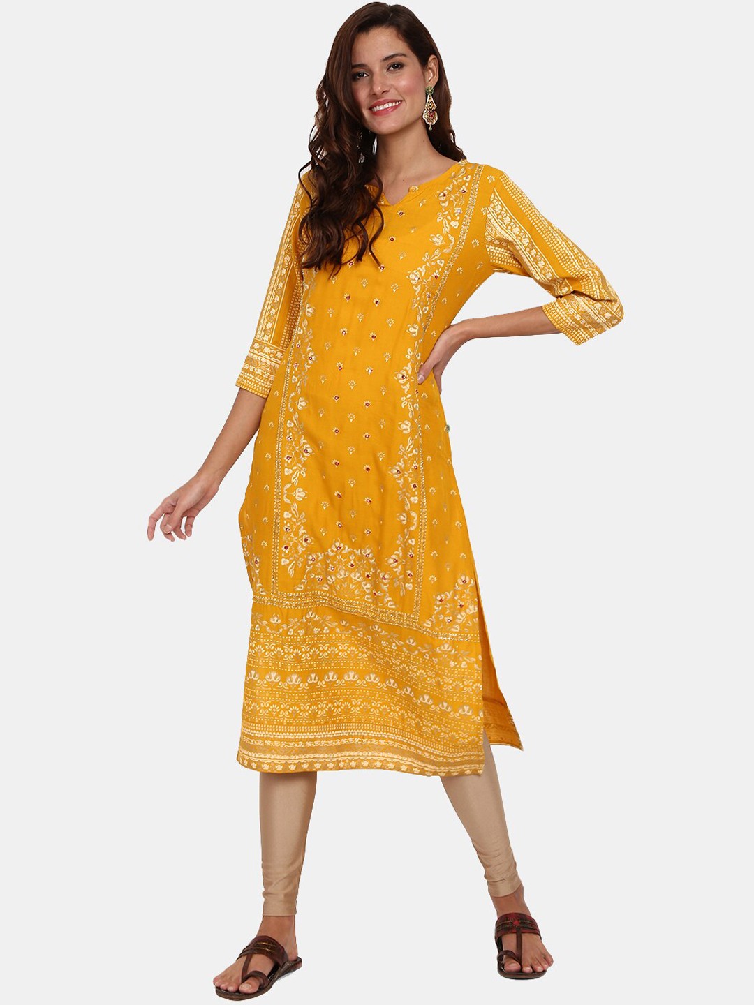 

V-Mart Women Mustard Yellow Floral Printed Mirror Work Kurta