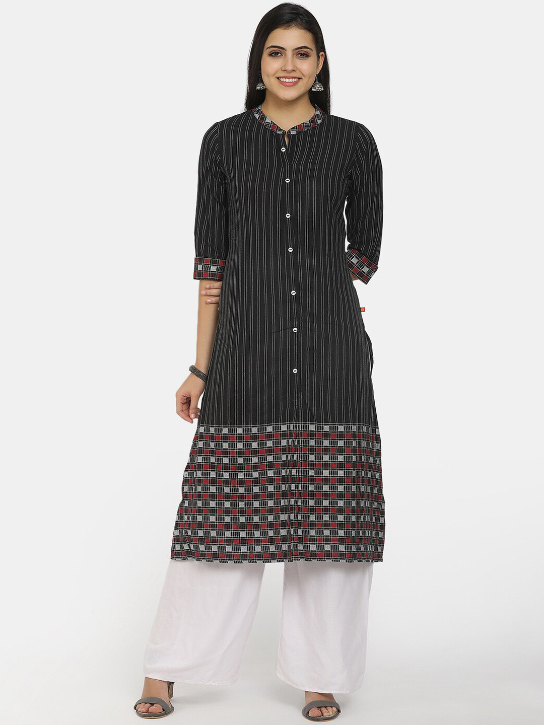 

V-Mart Women Black Striped Cotton Kurta