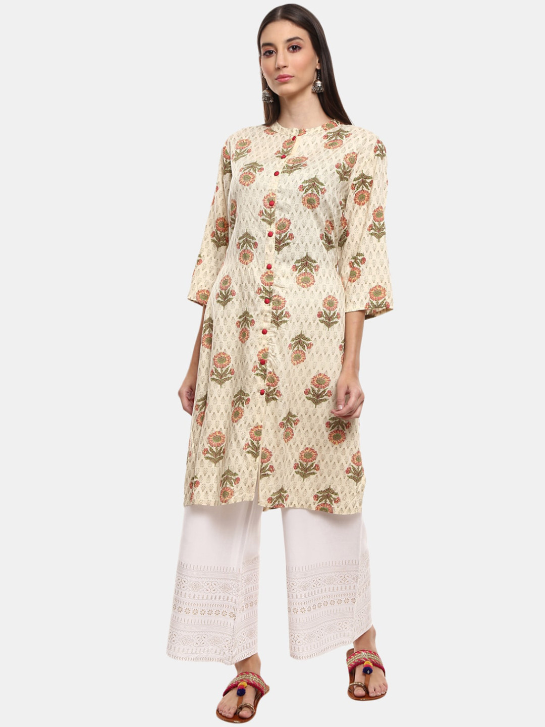 

V-Mart Women Beige Floral Printed Rayon Round Neck Kurta
