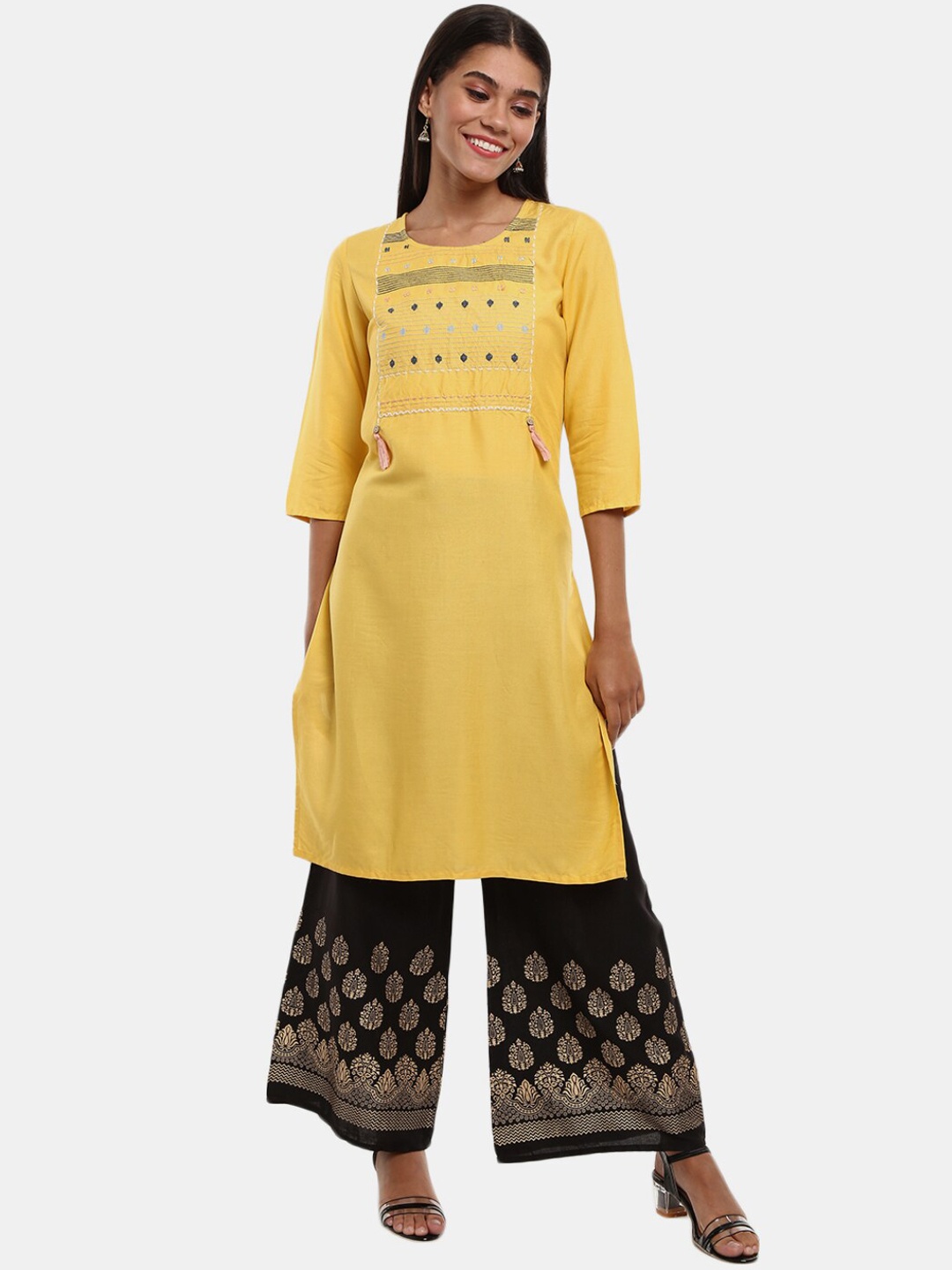 

V-Mart Women Yellow Ethnic Motifs Yoke Design Thread Work Kurta