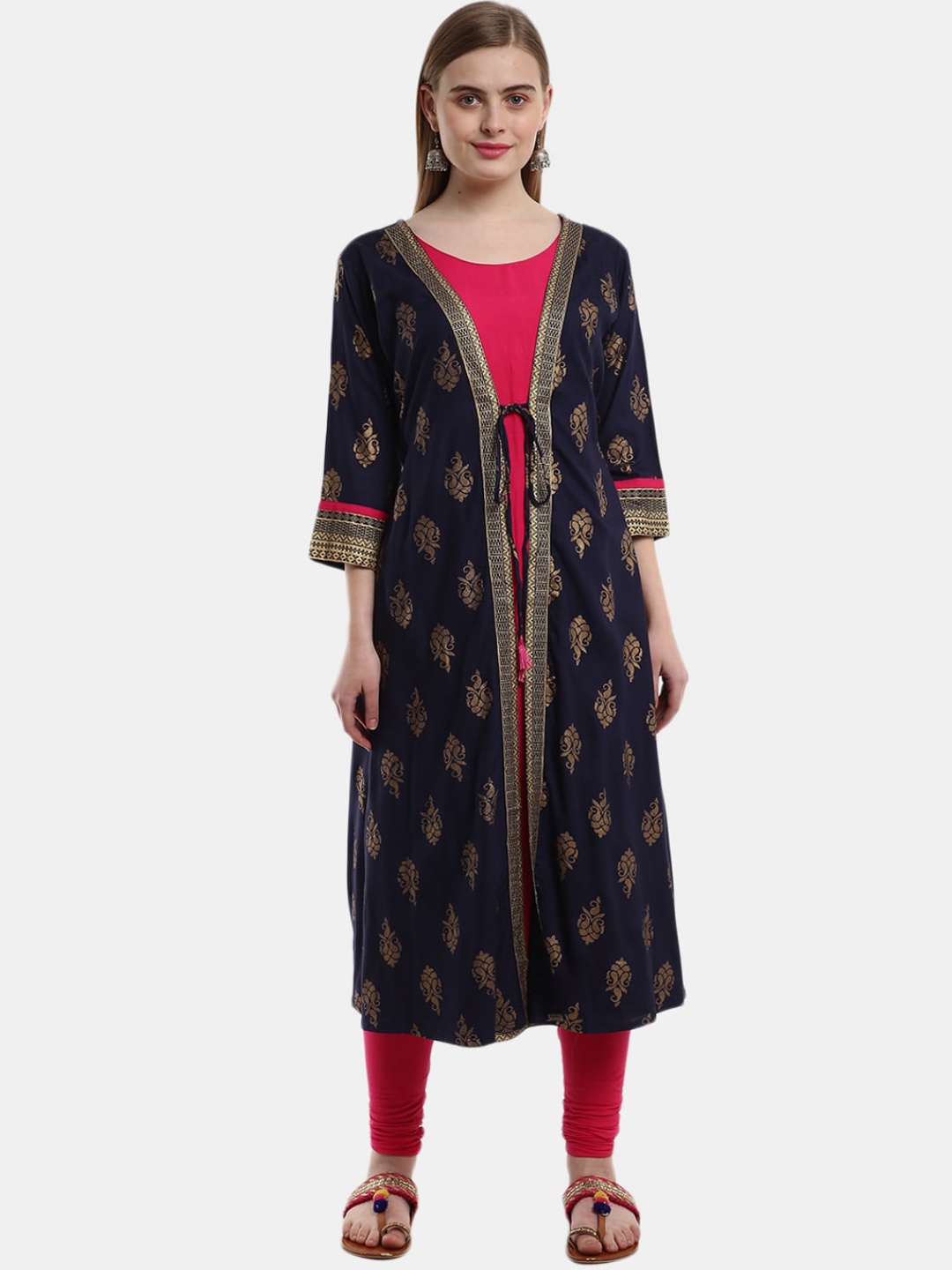 

V-Mart Women Navy Blue Ethnic Motifs Printed Thread Work Kurta