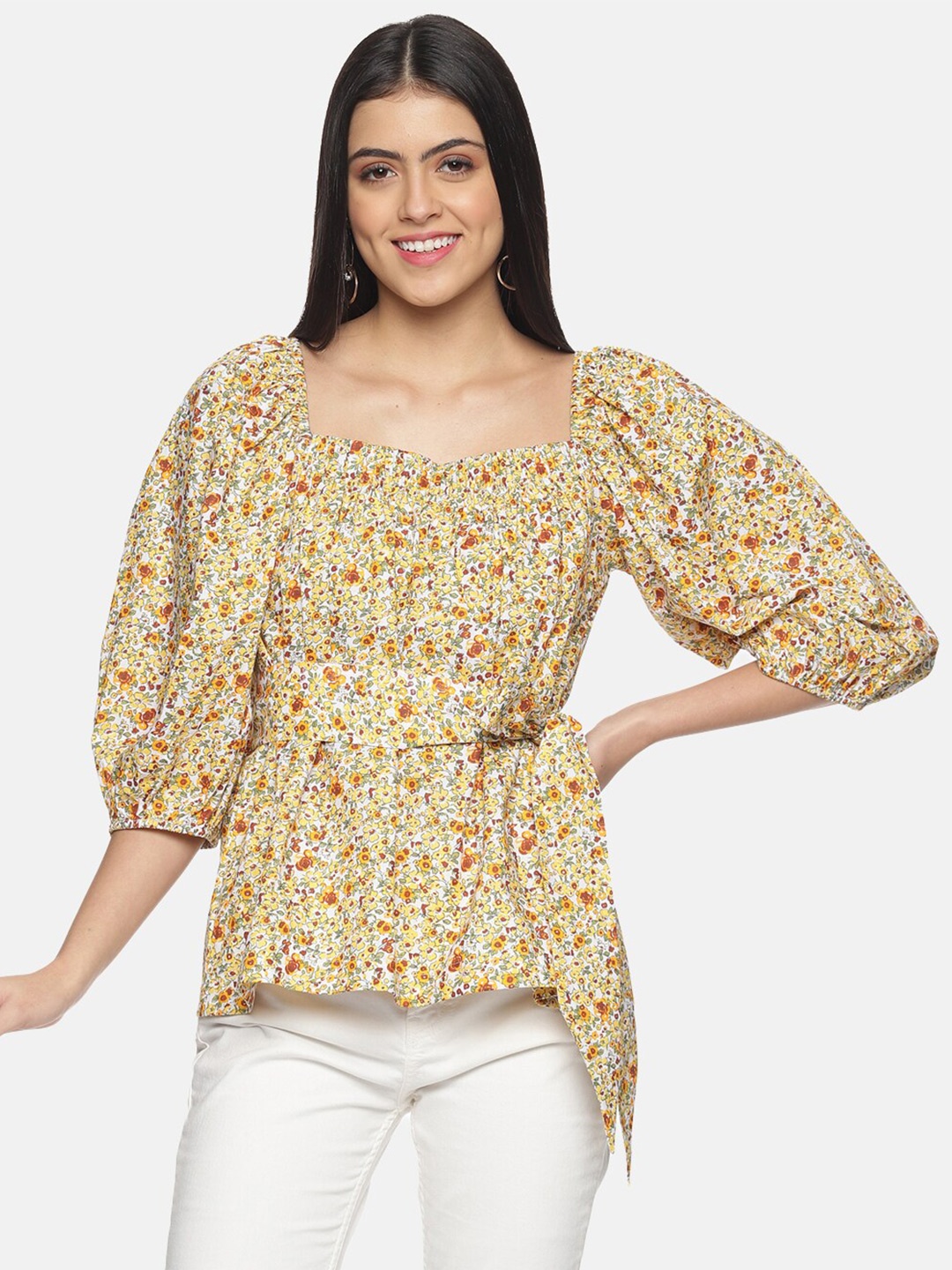 

ISU Multicoloured Floral Print Chiffon Cinched Waist Top, Multi