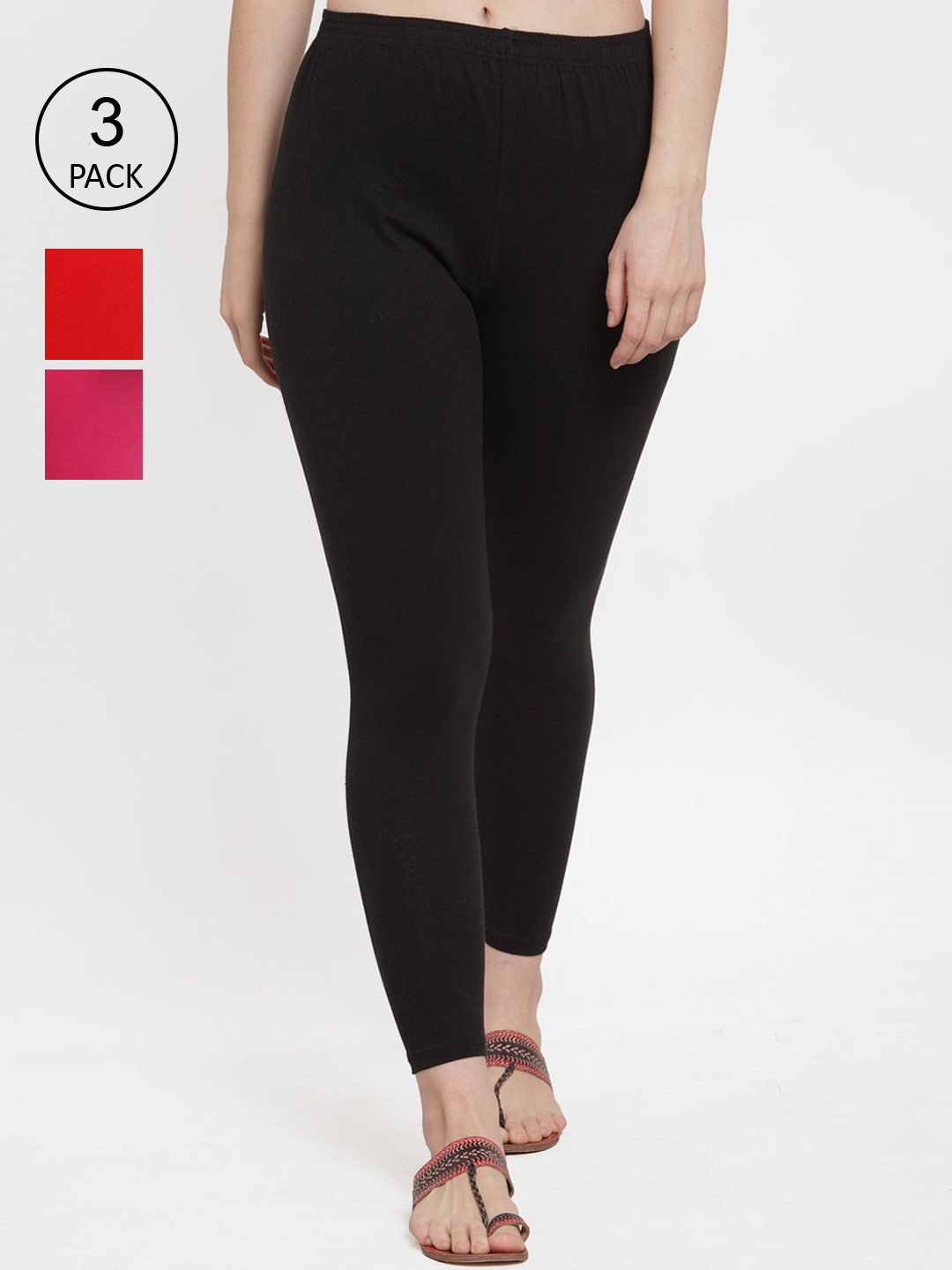

GRACIT Women Black & Red Pack Of 3 Solid Ankle-Length Leggings