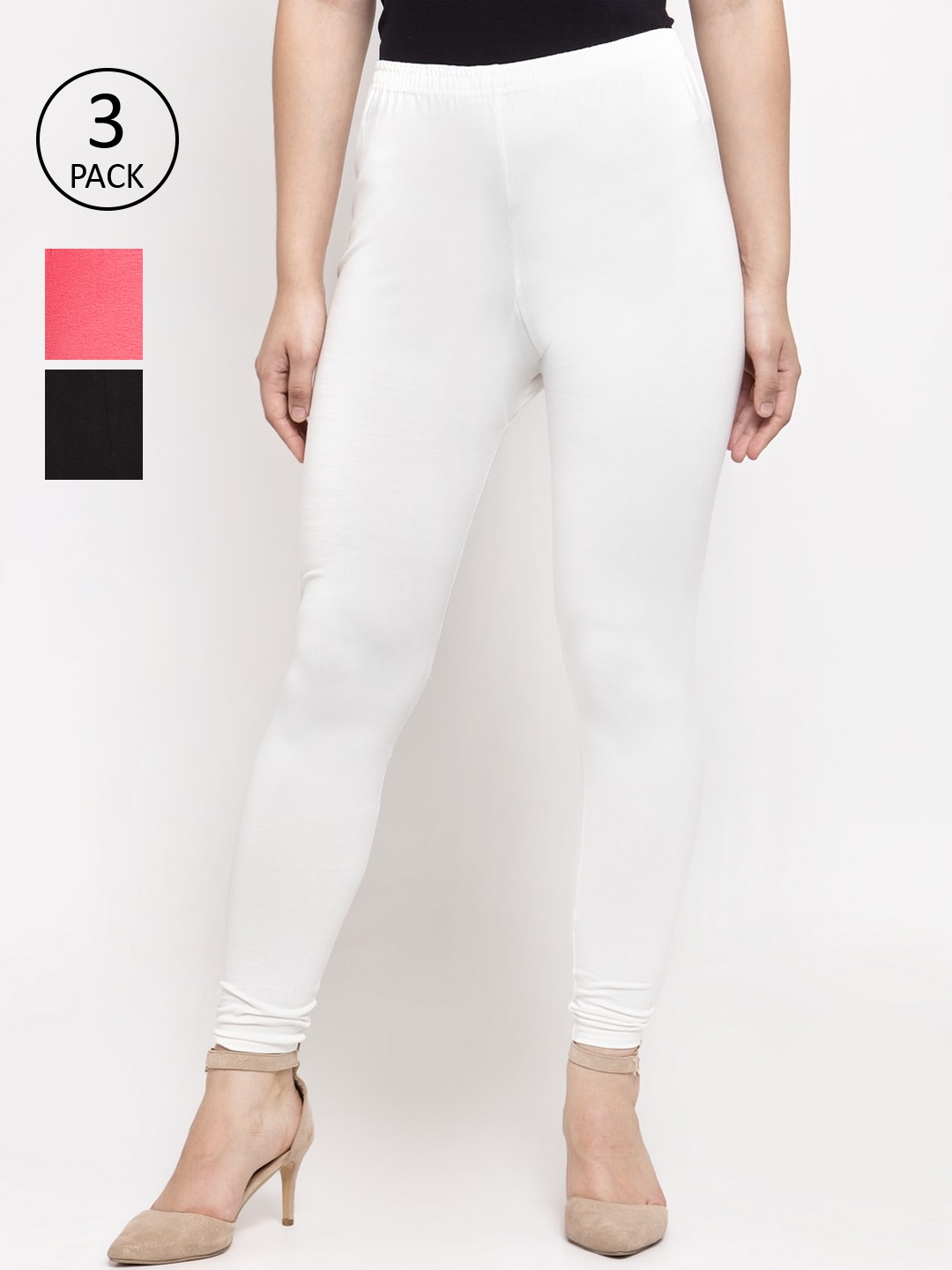 

GRACIT Women Pack Of 3 Black, White & Peach Solid Ankle-Length Leggings
