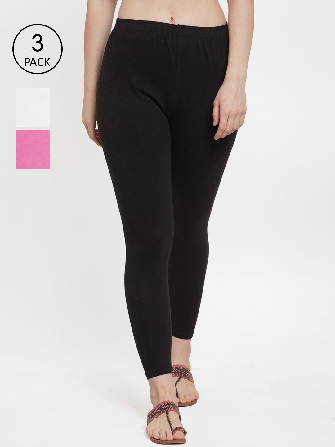 

GRACIT Women Women Pack Of 3 Solid Black & White Ankle Length Leggings