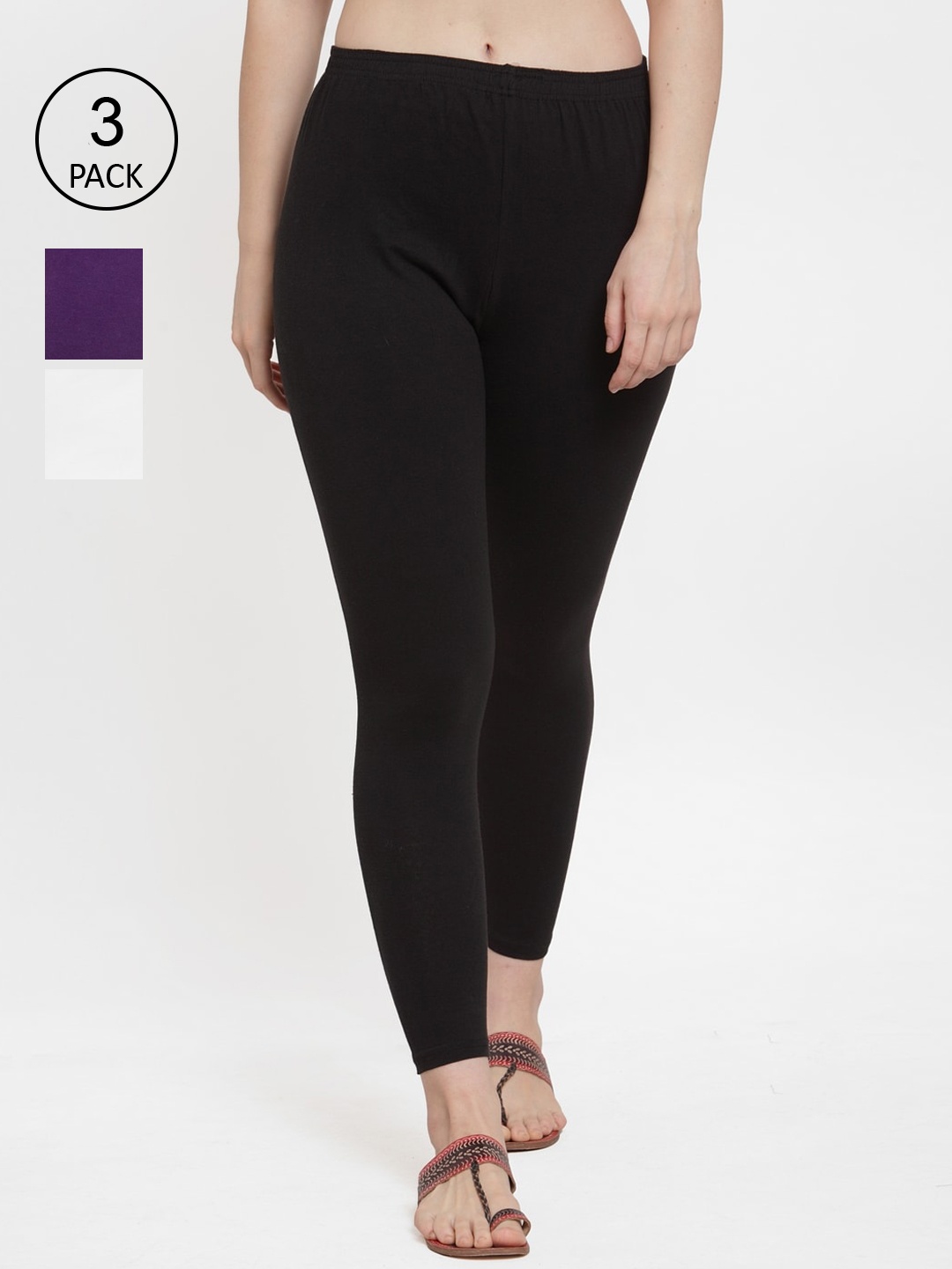 

GRACIT Women Pack Of 3 Solid Cotton Ankle-Length Leggings, Black