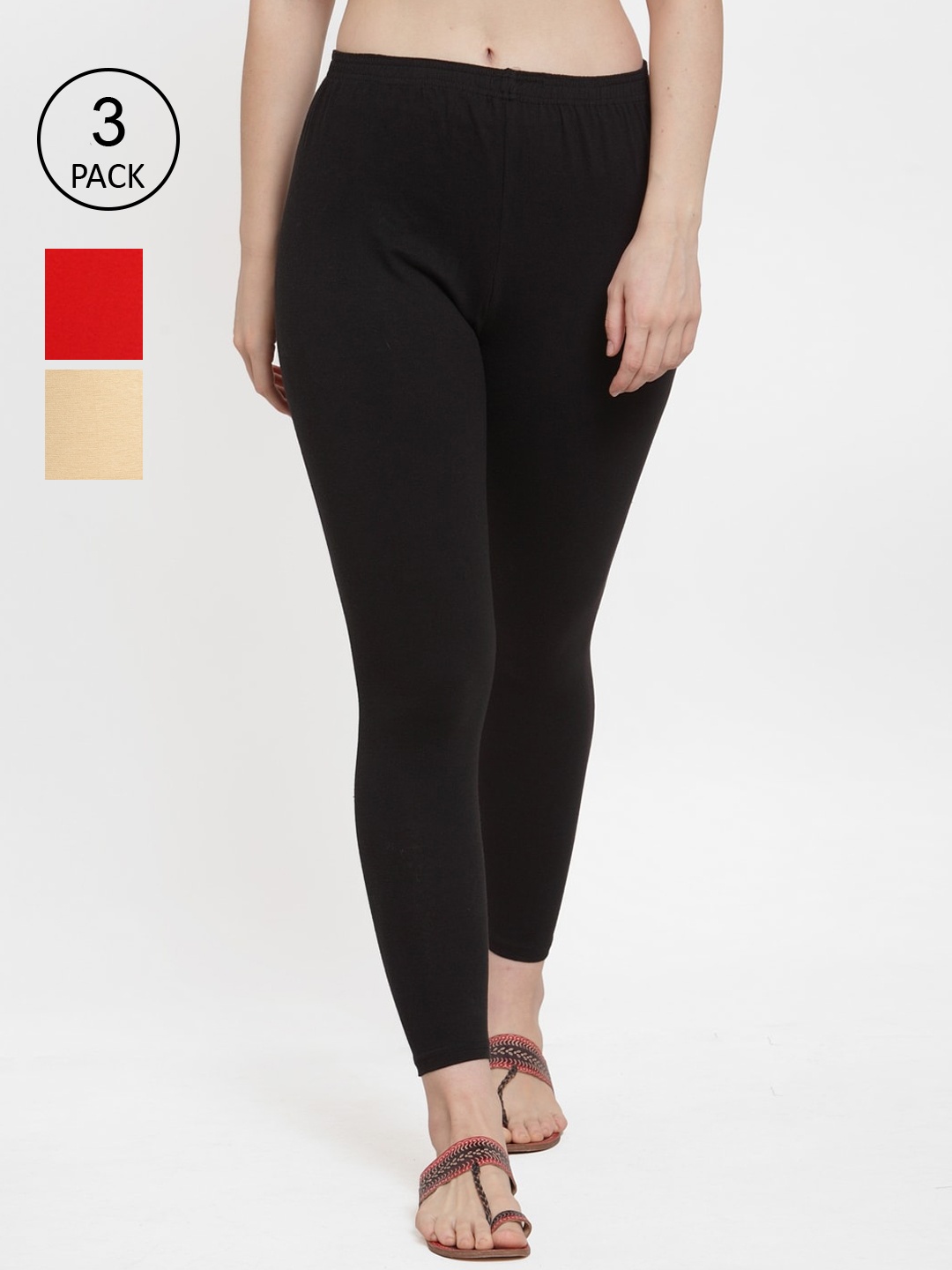 

GRACIT Women Pack of 3 Black ,Skin & Red Solid Ankle Length Leggings