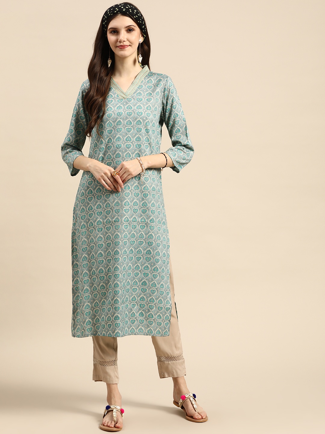 

Sangria Women Sea Green & Grey Ethnic Motifs Printed Kurta