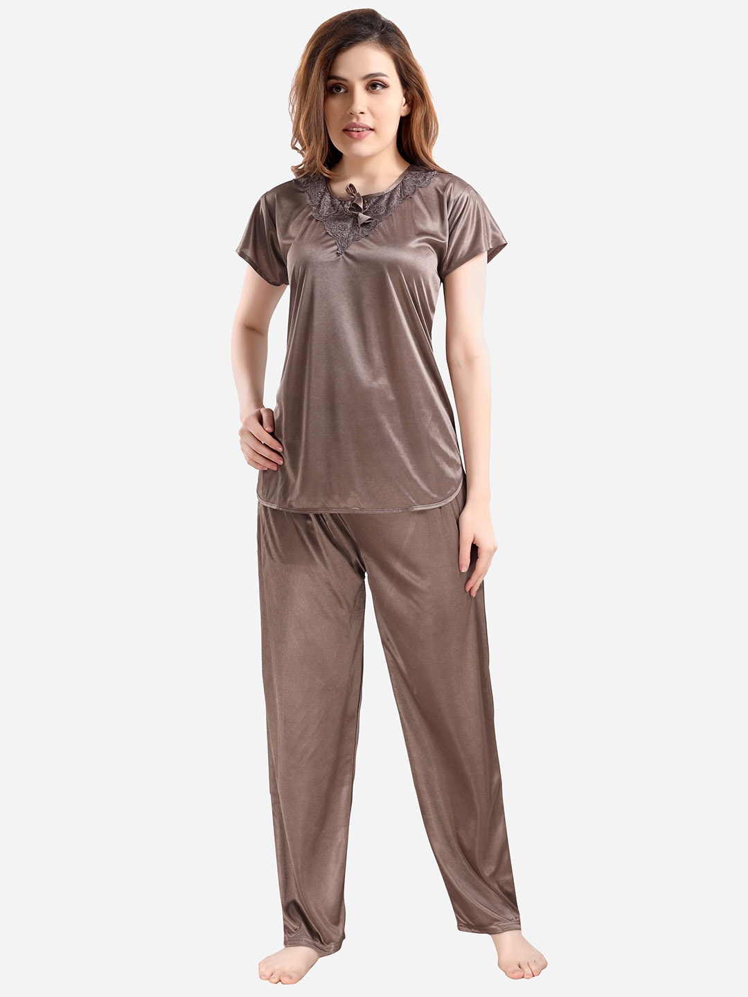 

Romaisa Women Brown Satin Solid Regular length Night suit
