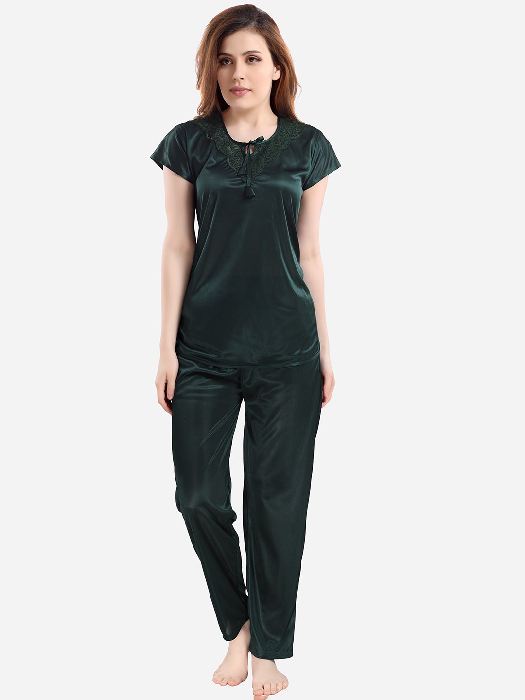 

Romaisa Women Green Satin Solid Night suit