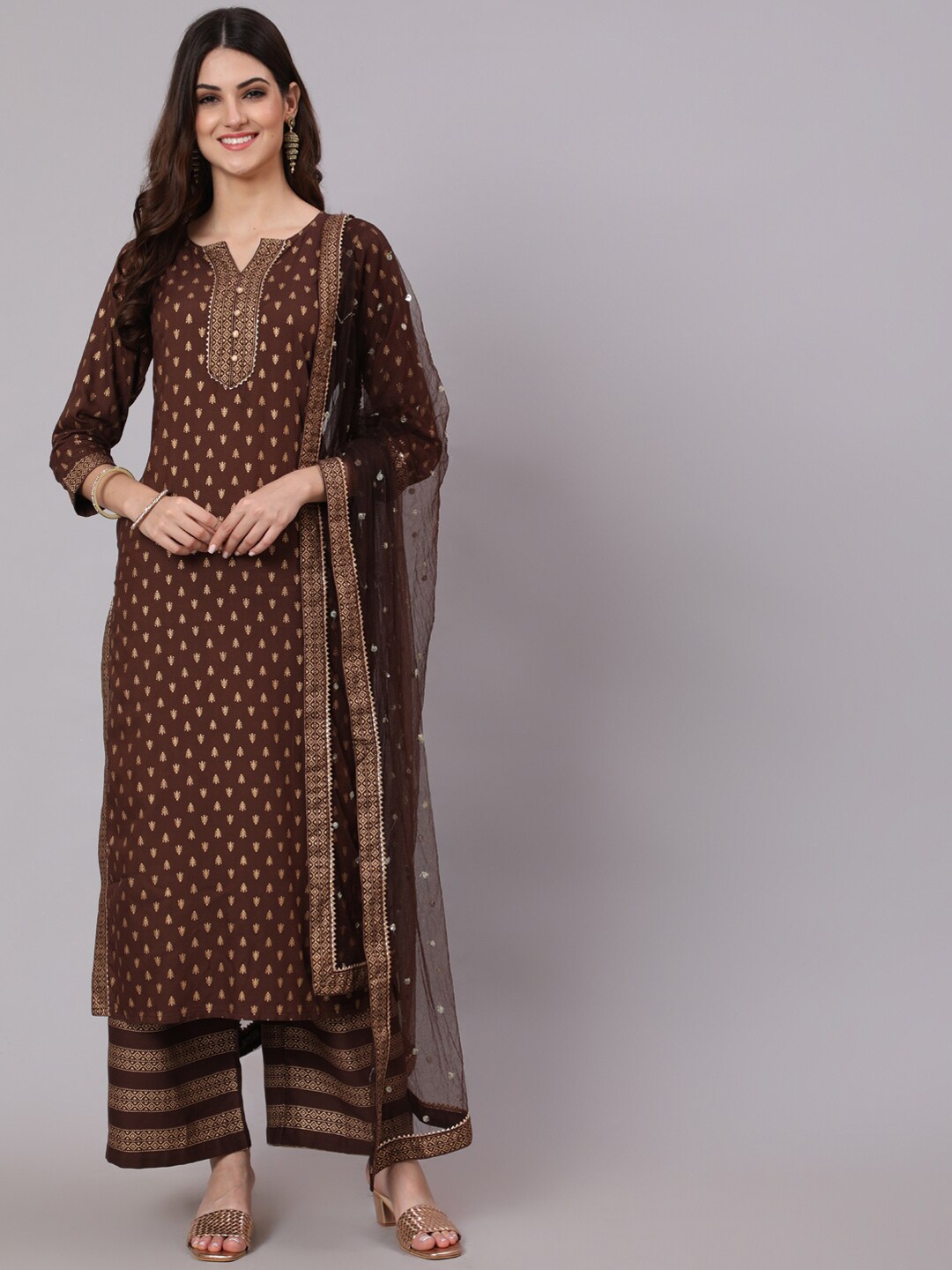 

Nayo Women Brown Ethnic Motifs Embroidered Kurta with Palazzos