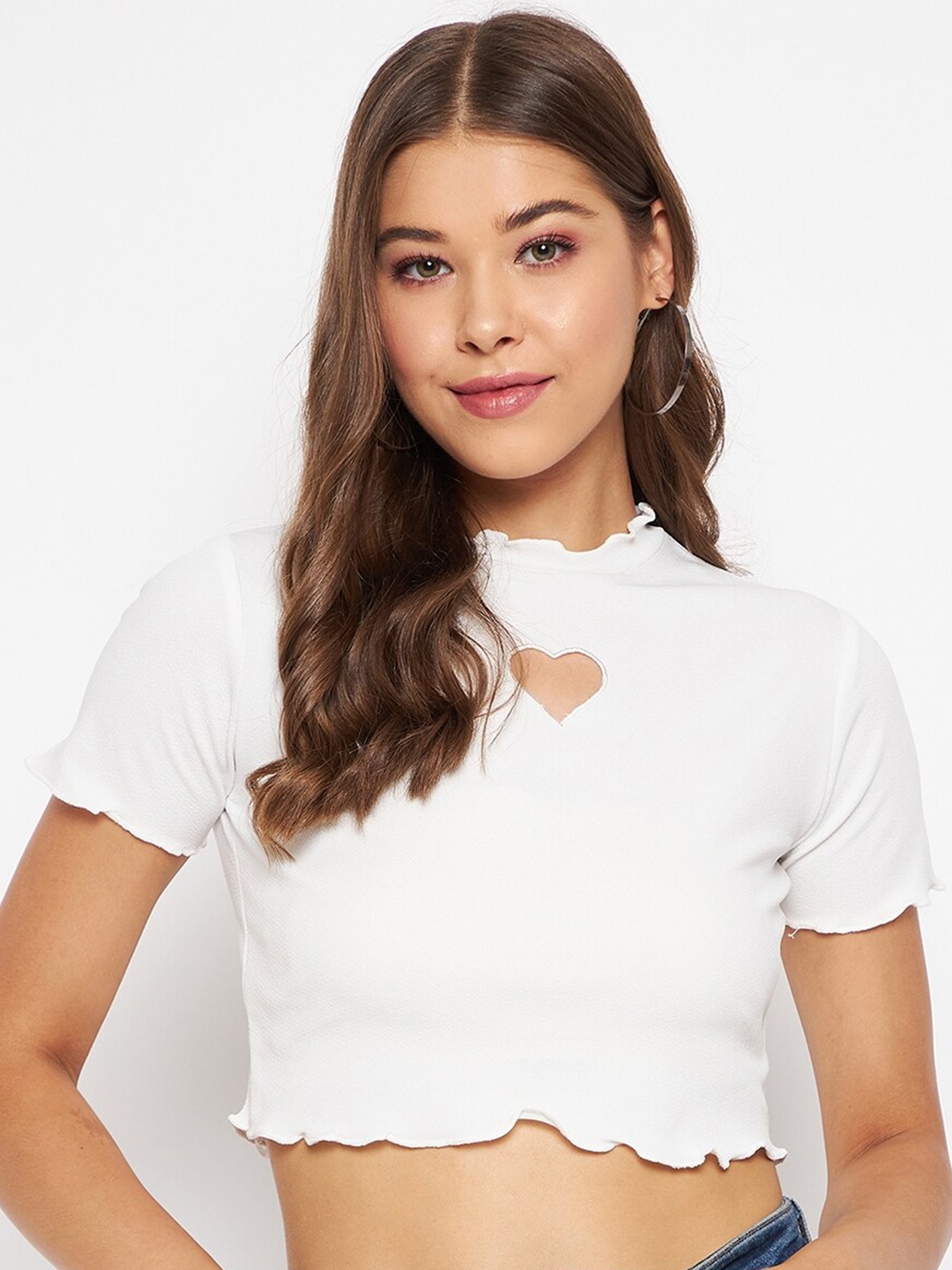 

Uptownie Lite Stretchable High Neck Heart Cut-Out Crop Top, White