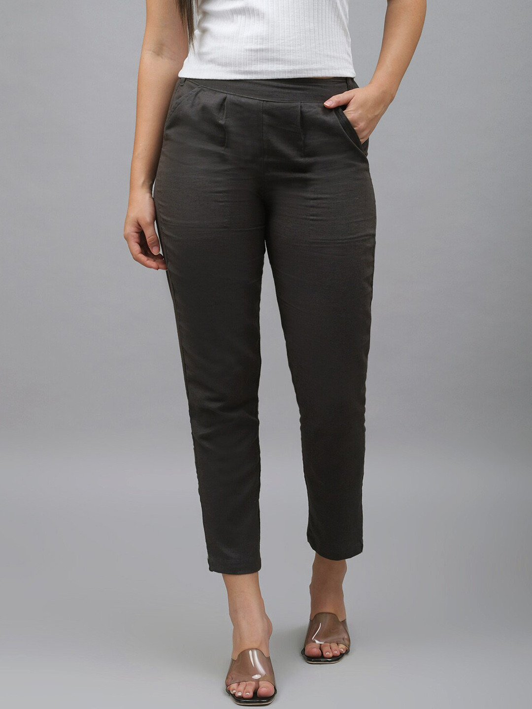

Me Craft Women Grey Melange Easy Wash Trousers