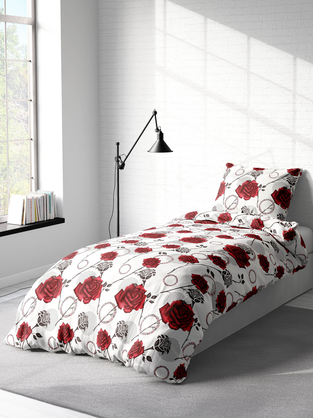 

LABHAM White & Red Floral 180 TC Single Bedsheet with 1 Pillow Covers
