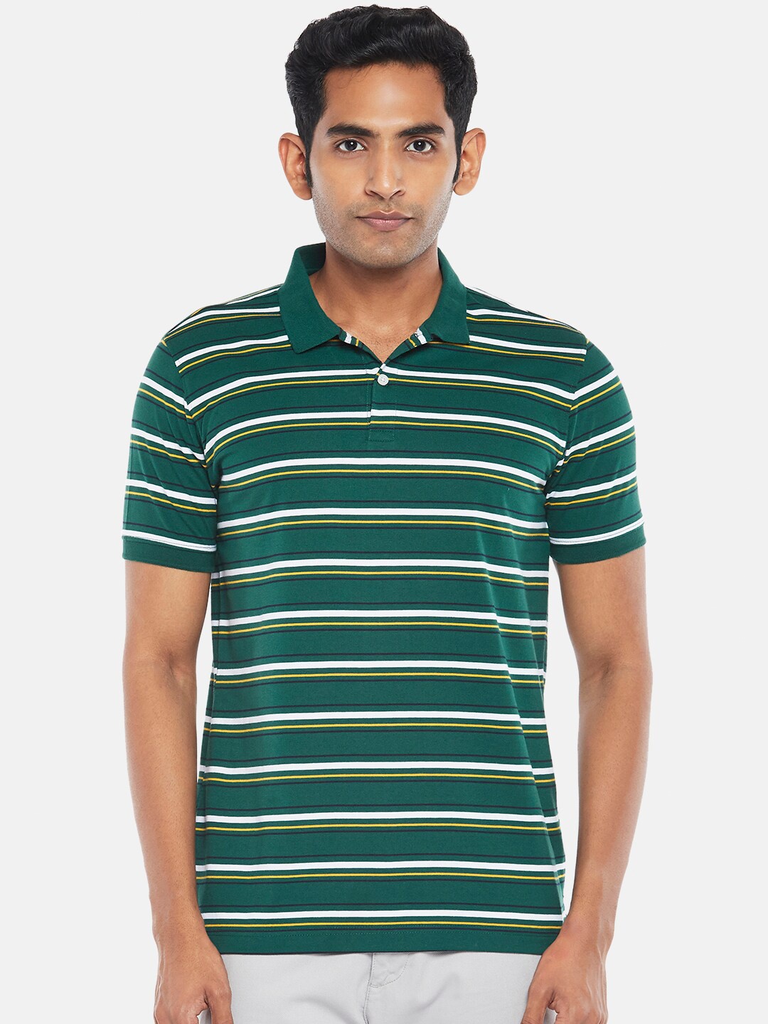 

BYFORD by Pantaloons Men Olive Green Striped Polo Collar Slim Fit T-shirt