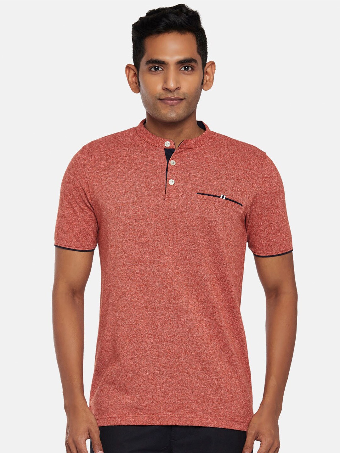 

BYFORD by Pantaloons Men Orange Mandarin Collar Slim Fit T-shirt