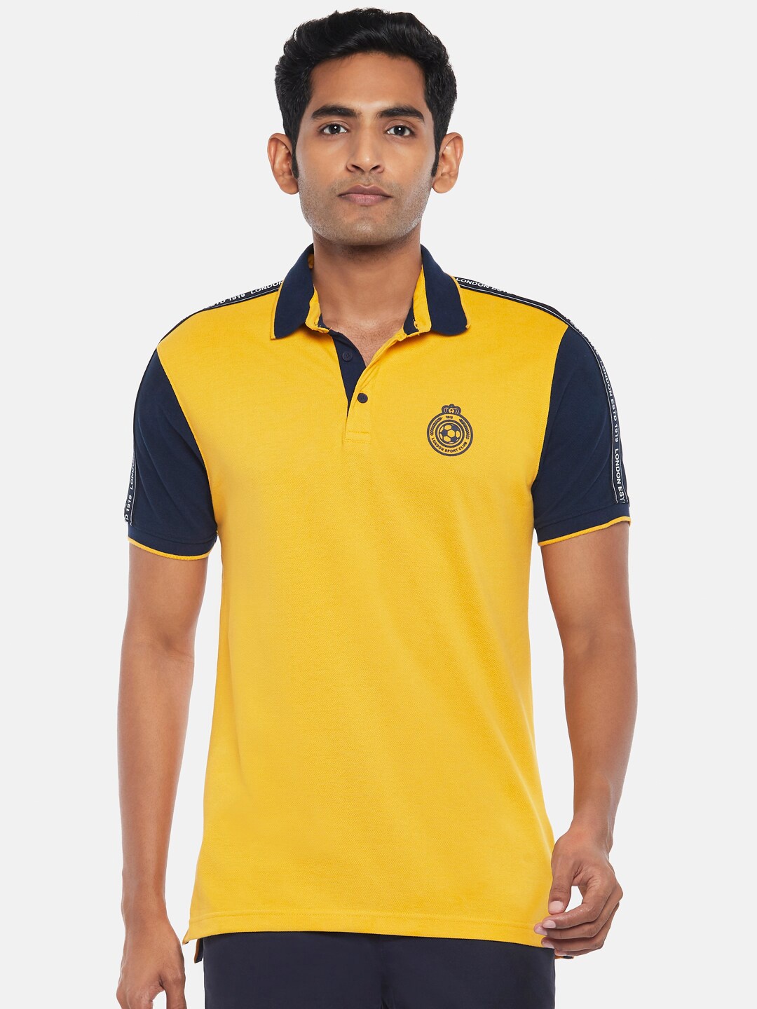 

BYFORD by Pantaloons Men Mustard Yellow Colourblocked Polo Collar Applique Slim Fit T-shirt