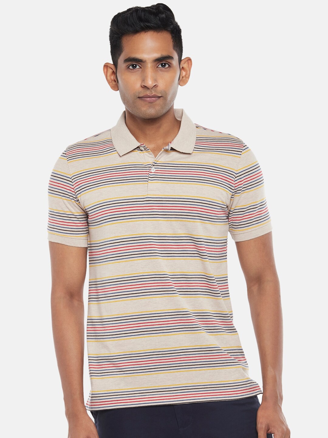 

BYFORD by Pantaloons Men Grey Melange Striped Polo Collar Slim Fit T-shirt