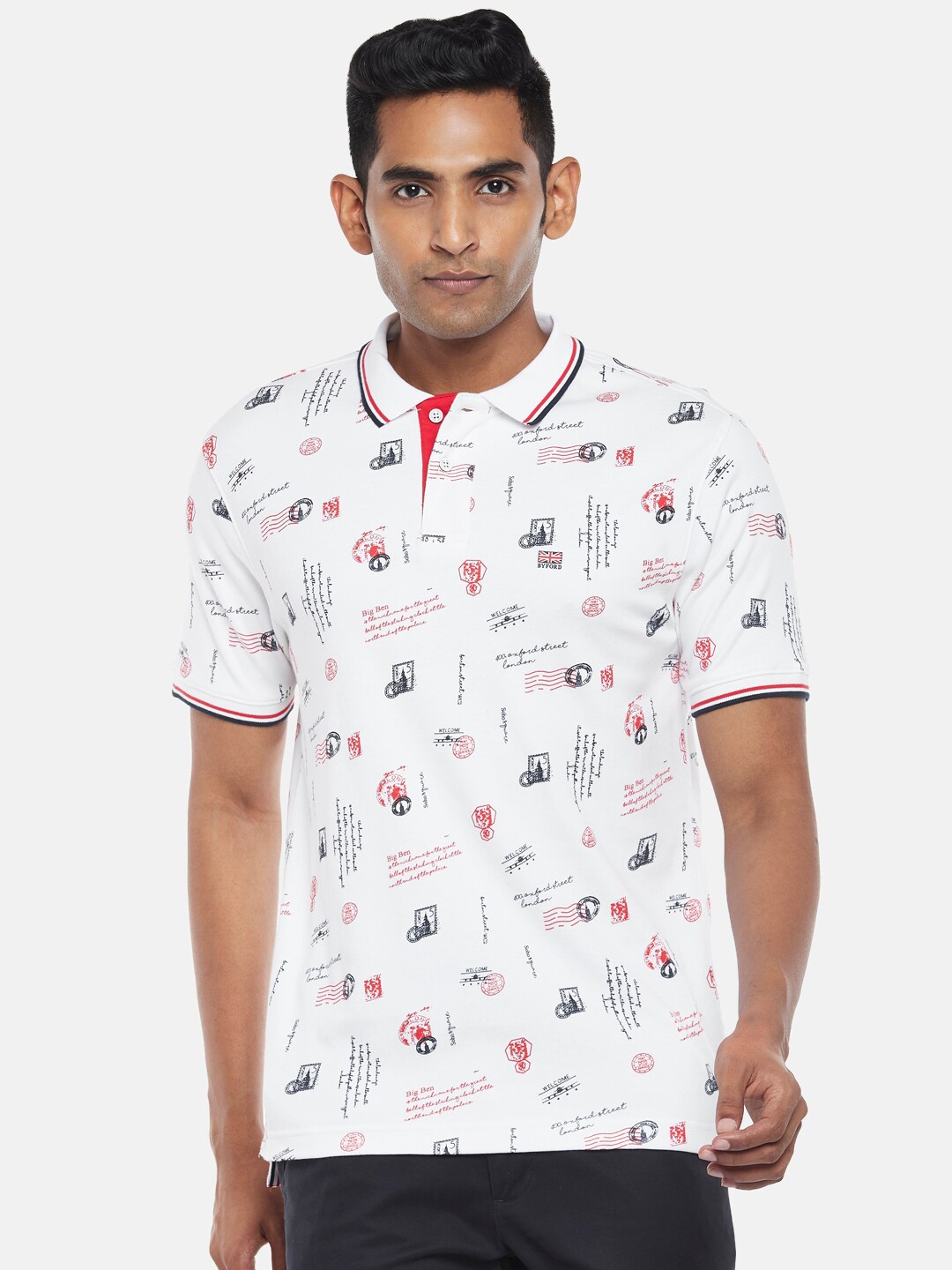 

BYFORD by Pantaloons Men White Printed Polo Collar Cotton Slim Fit T-shirt