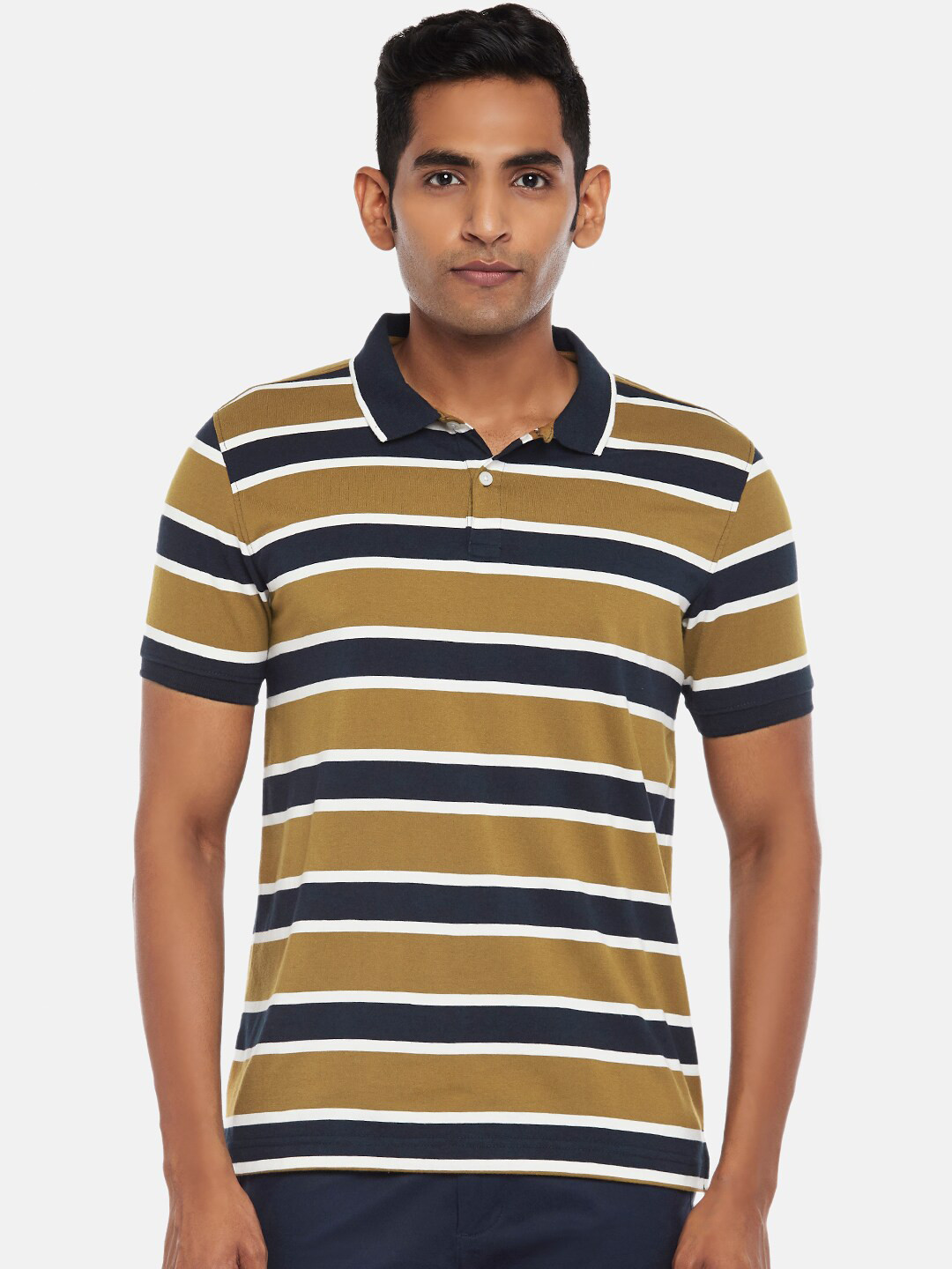 

BYFORD by Pantaloons Men Brown & Navy Blue Striped Polo Collar Cotton Slim Fit T-shirt