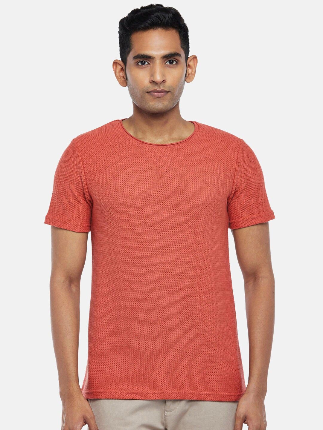 

BYFORD by Pantaloons Men Rust Solid Cotton Slim Fit T-shirt