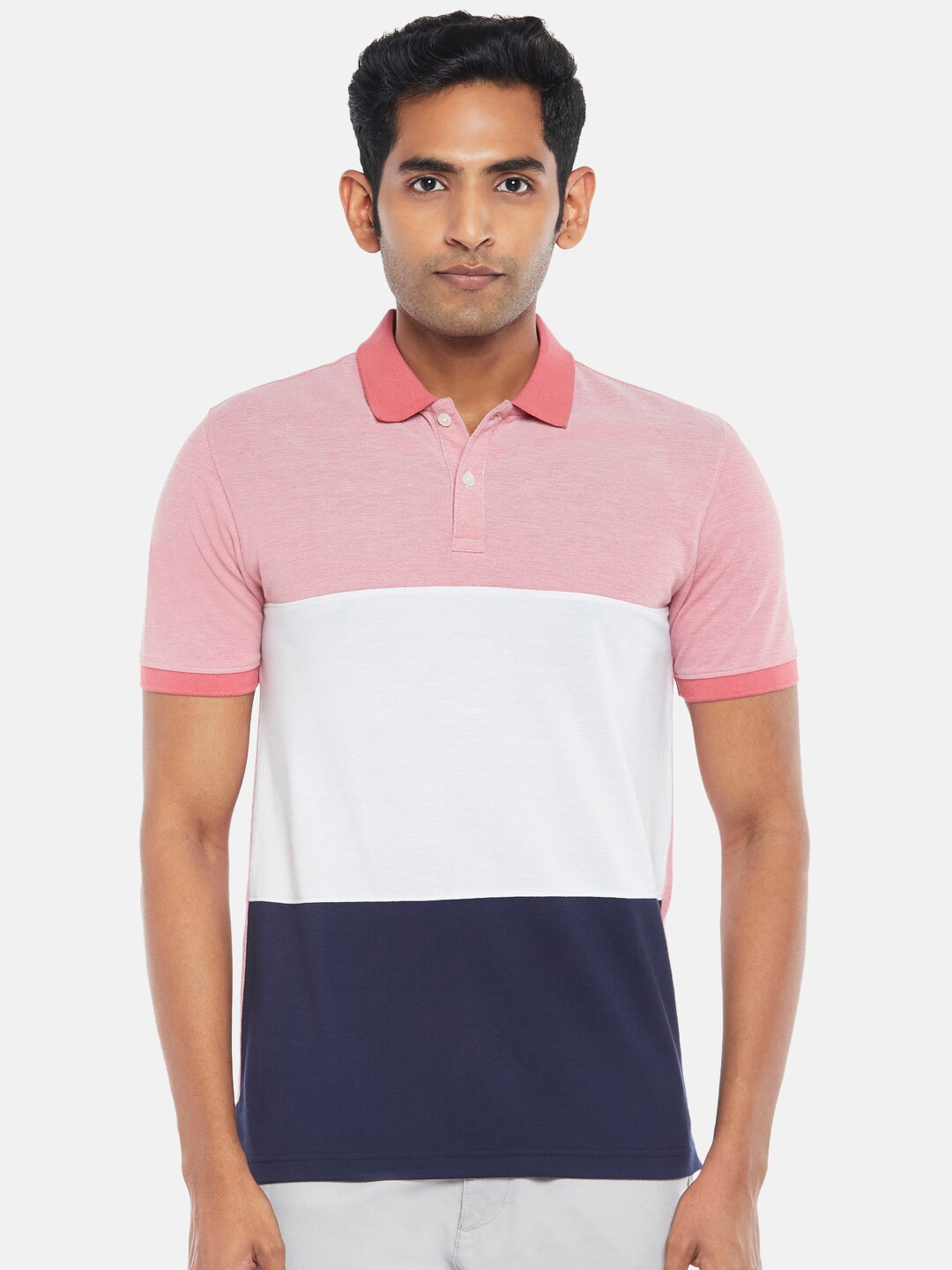 

BYFORD by Pantaloons Men Pink & White Colourblocked Polo Collar Slim Fit T-shirt