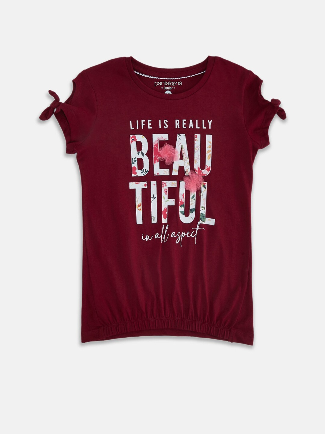 

Pantaloons Junior Girls Maroon Typography Printed T-shirt