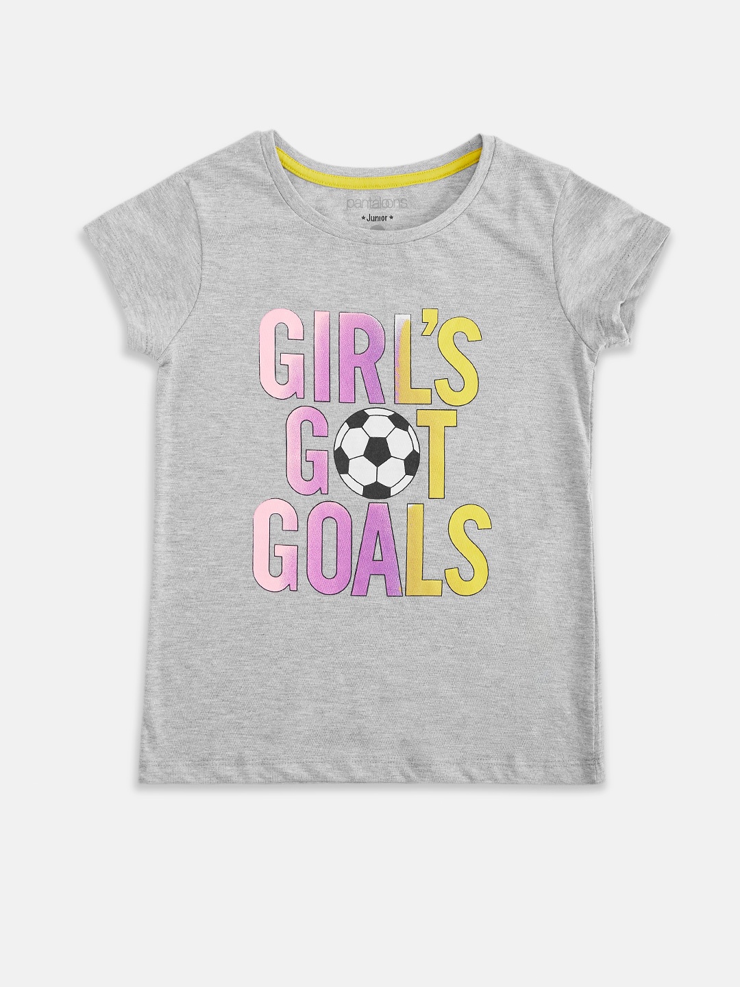 

Pantaloons Junior Girls Grey Melange & Yellow Typography Printed Extended Sleeves T-shirt