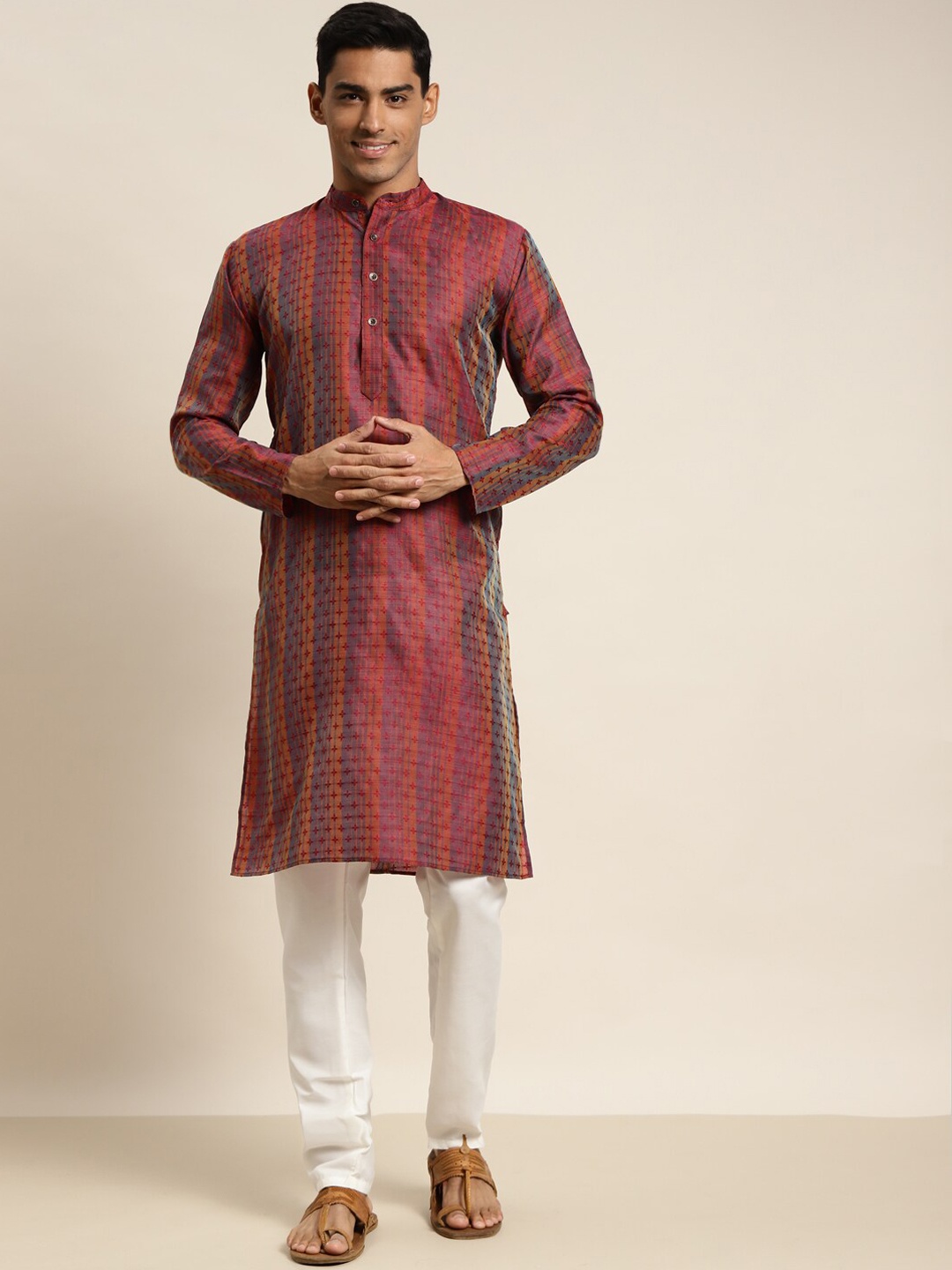 

SOJANYA Men Red ,Blue & Orange Floral Striped Kurta