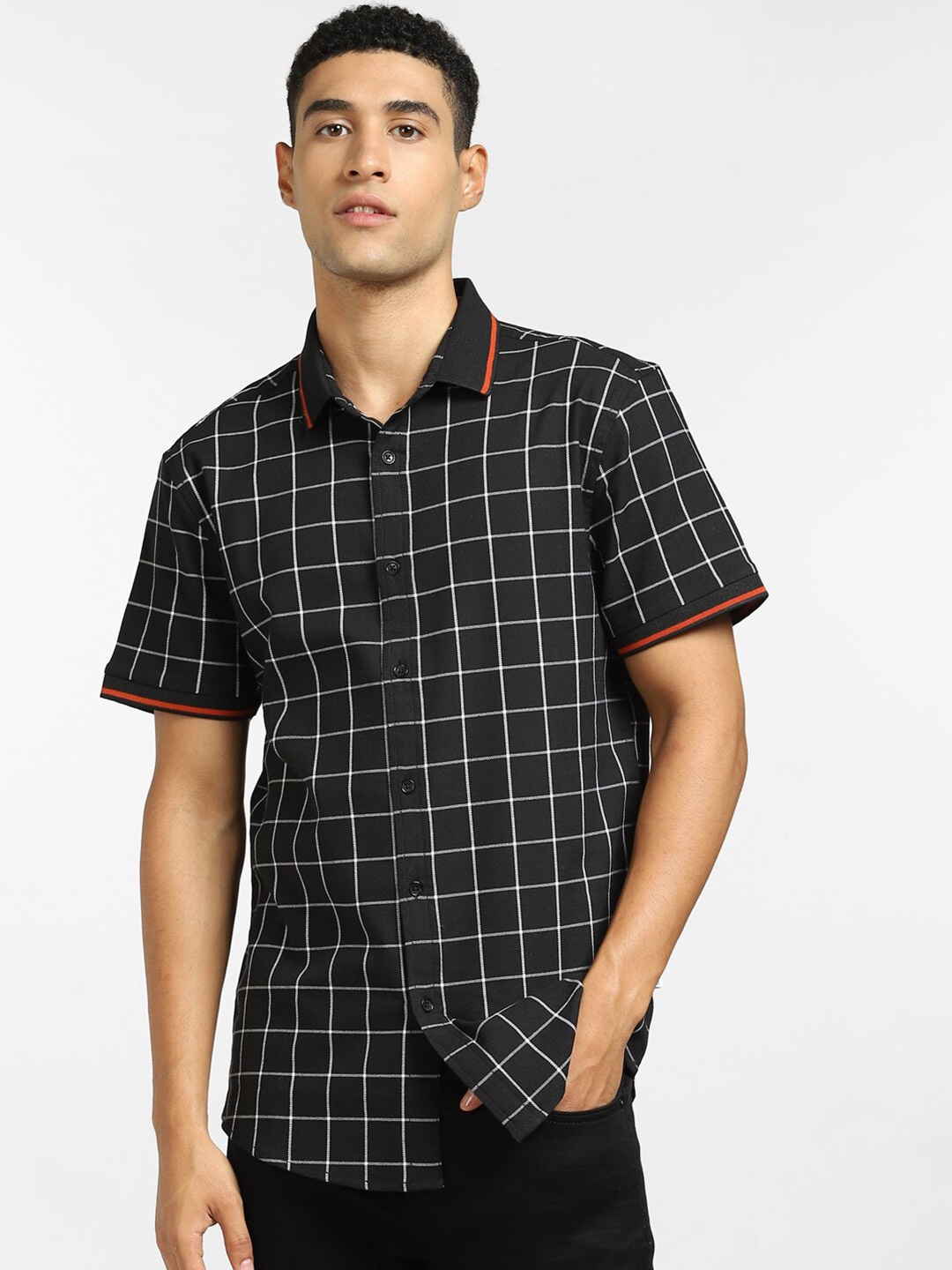 

Jack & Jones Men Black Windowpane Checks Checked Casual Shirt