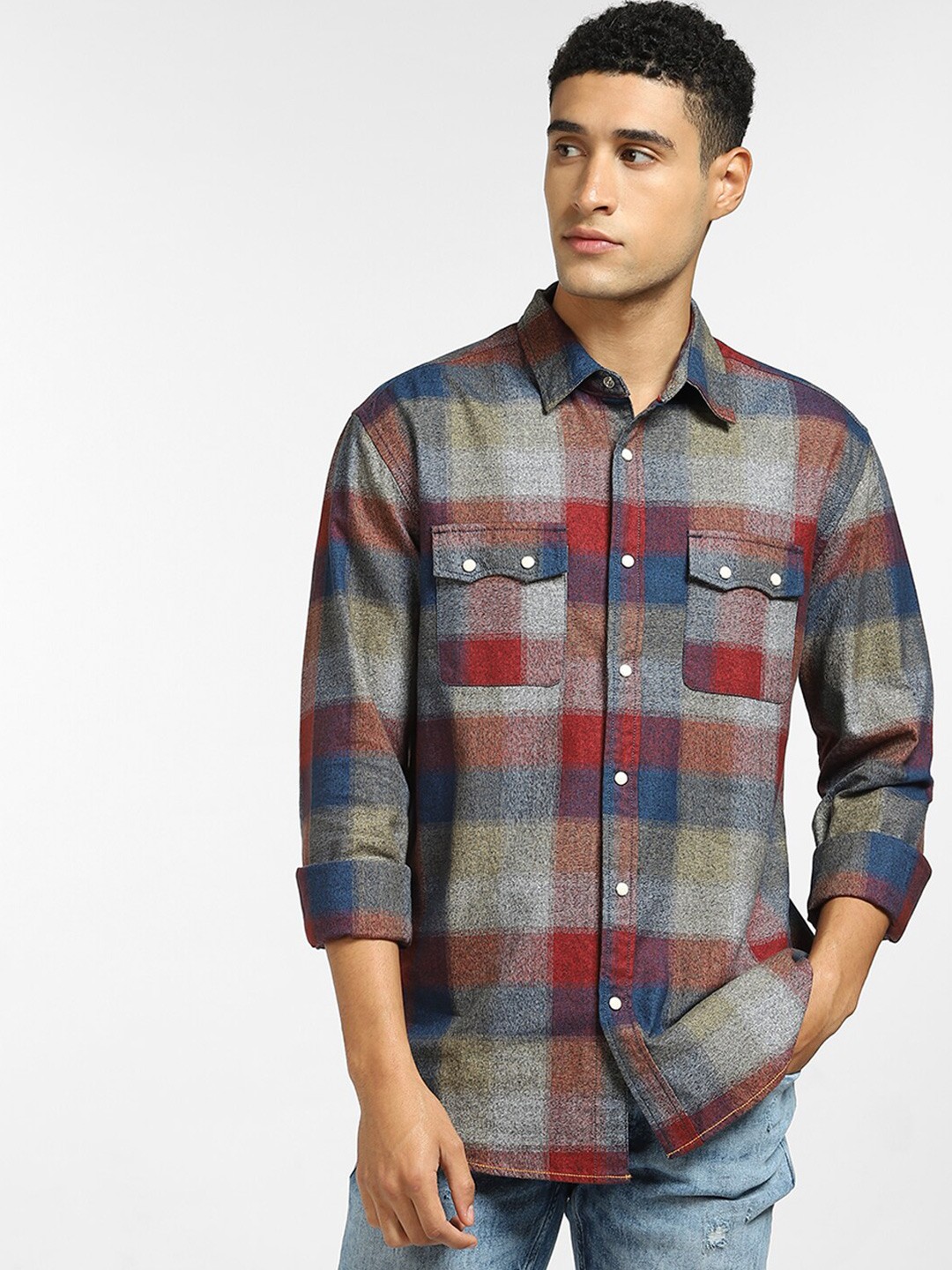 

Jack & Jones Men Red & Blue Checked Cotton Casual Shirt