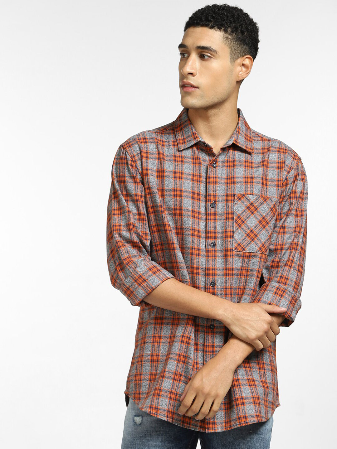 

Jack & Jones Men Grey Tartan Checked Cotton Casual Shirt