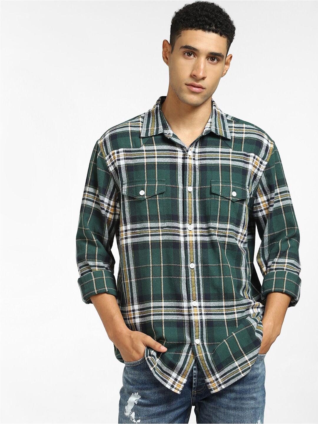 

Jack & Jones Men Green Tartan Checks Checked Casual Shirt