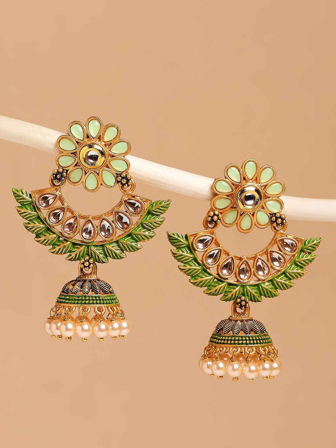 

OOMPH Mint Green Meenakari Enamel Kundan & Pearl Floral Ethnic Chandbali Jhumka Earrings