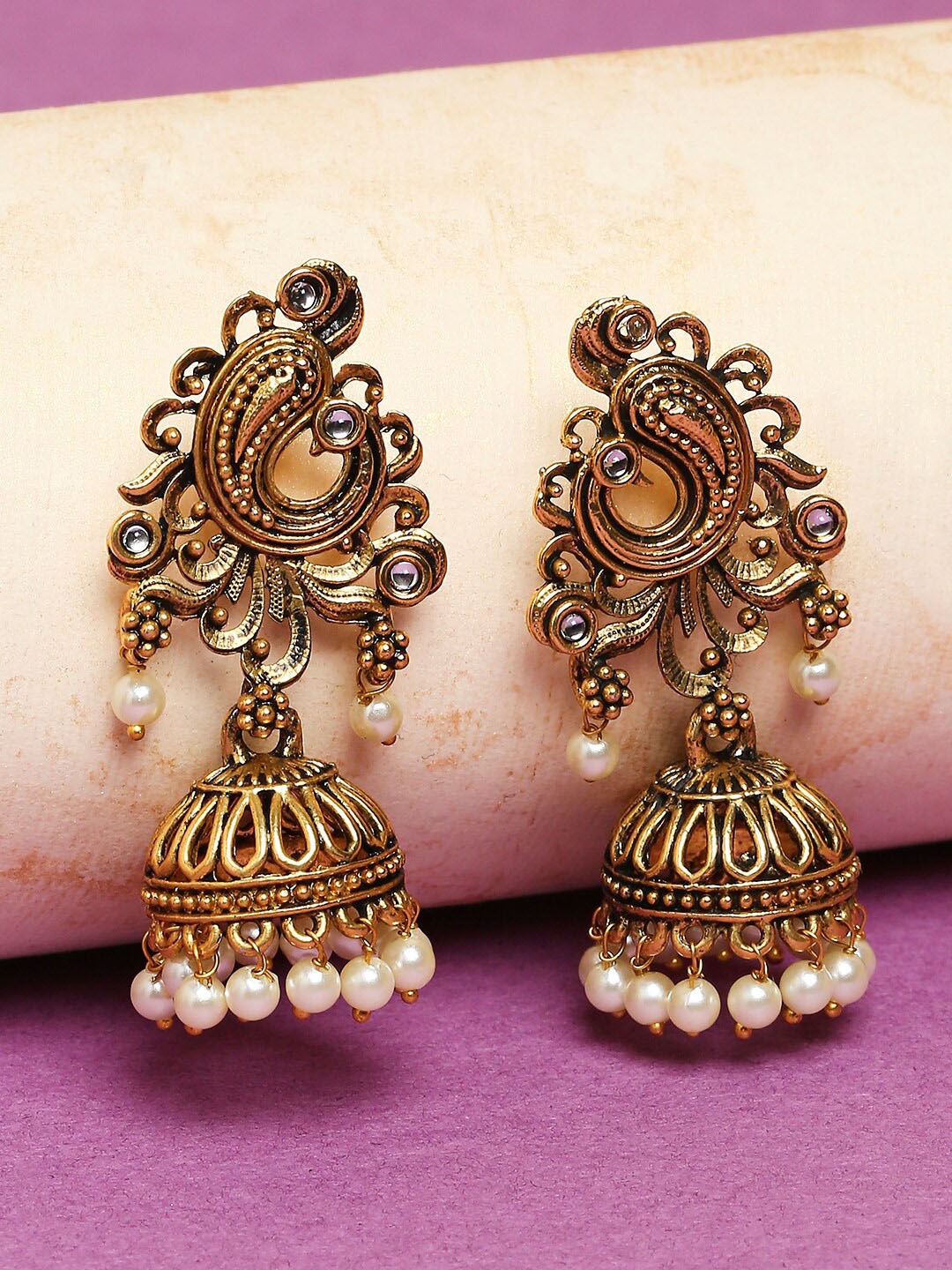 

OOMPH Gold-Toned Peacock Shaped Jhumkas Earrings