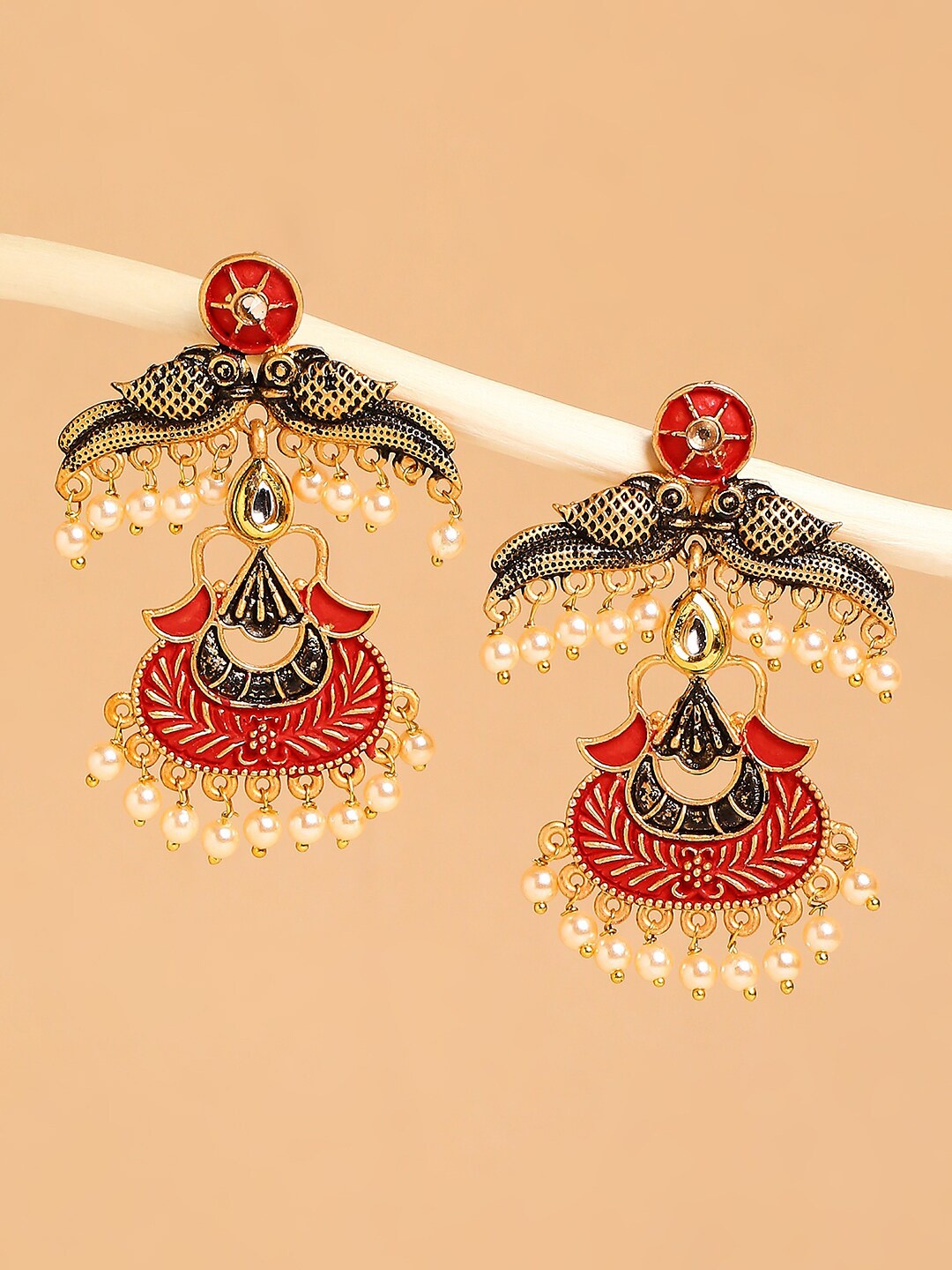 

OOMPH Red Peacock Shaped Chandbalis Earrings