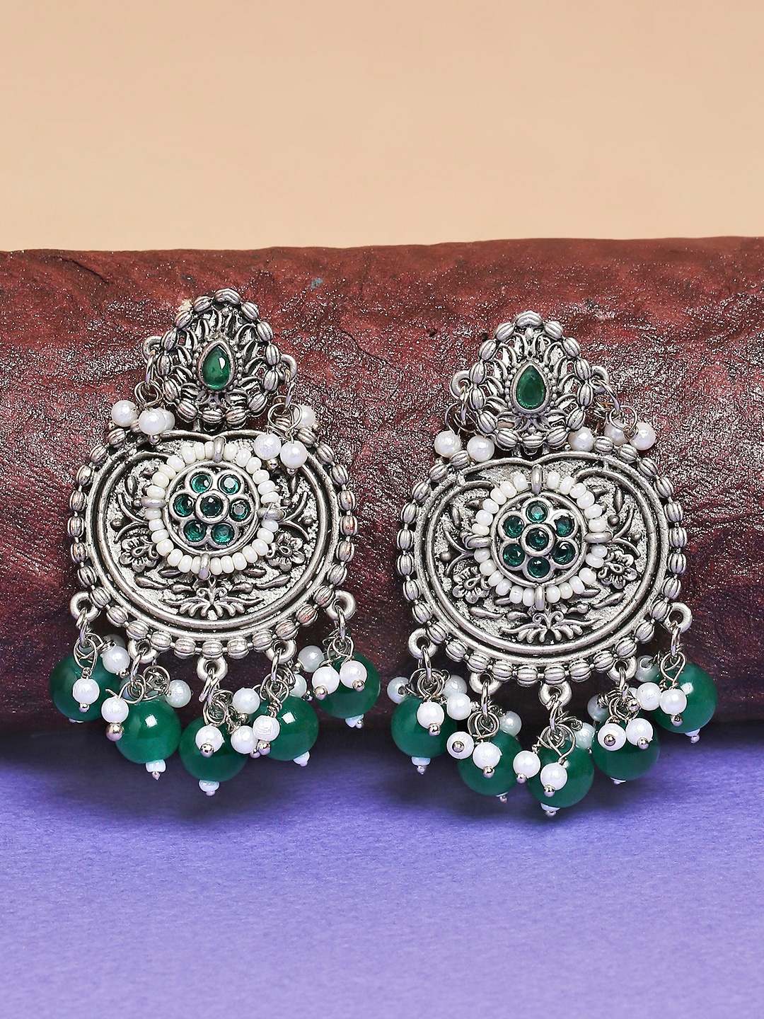 

OOMPH Green & Silver-Toned Floral Chandbalis Earrings