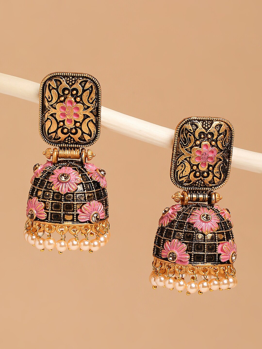 

OOMPH Women Pink & Black Dome Shaped Jhumkas Earrings