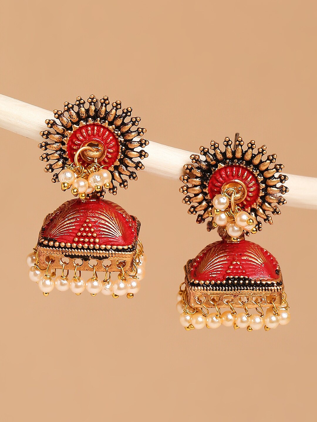 

OOMPH Red & Gold-Toned Meenakari Enamel Pearls Ethnic Floral Jhumkas Earrings