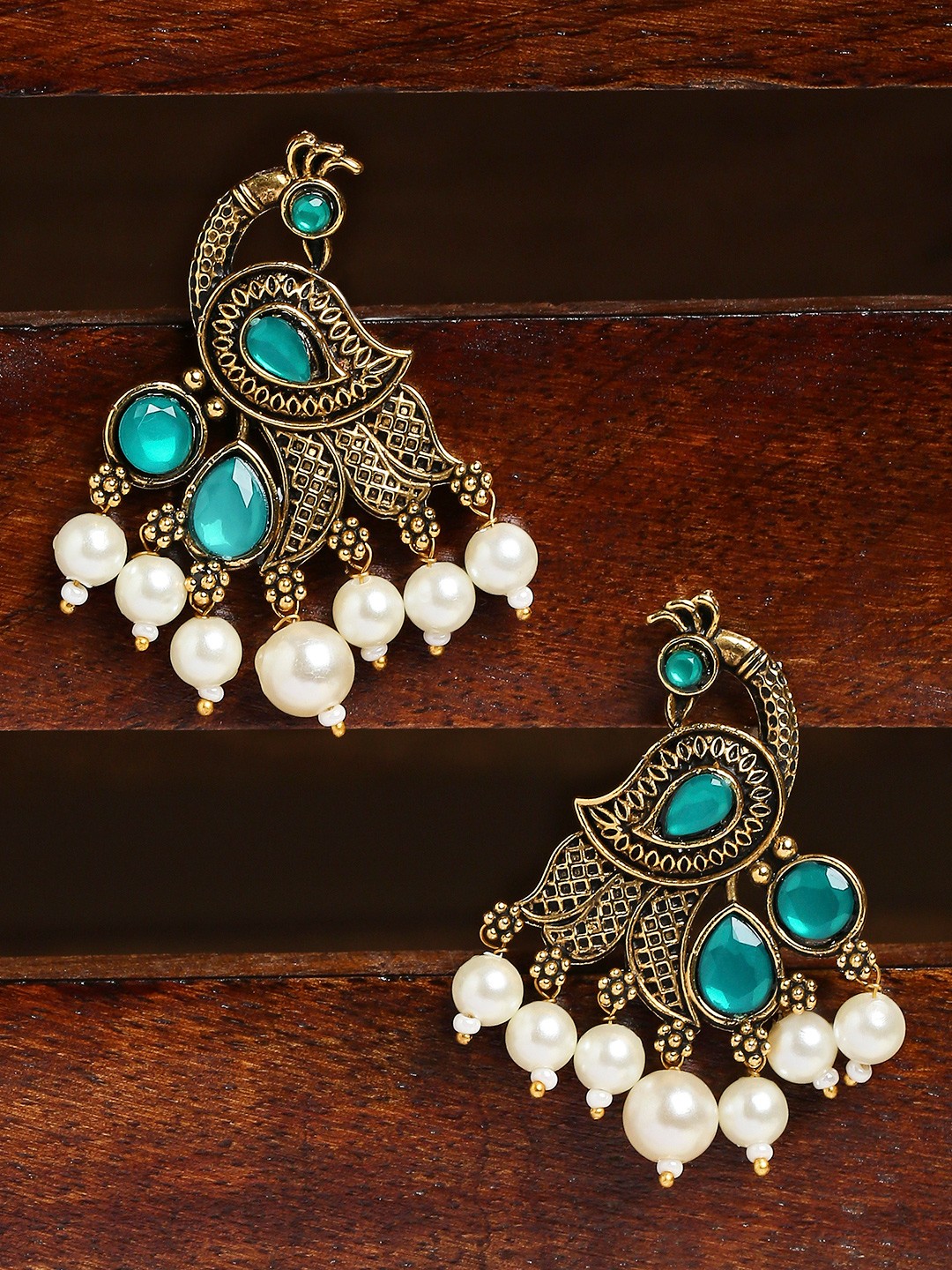 

OOMPH Green Peacock Shaped Drop Earrings