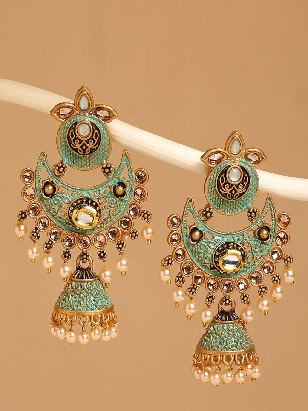 

OOMPH Green Contemporary Kundan Meenakari Chandbalis Earrings