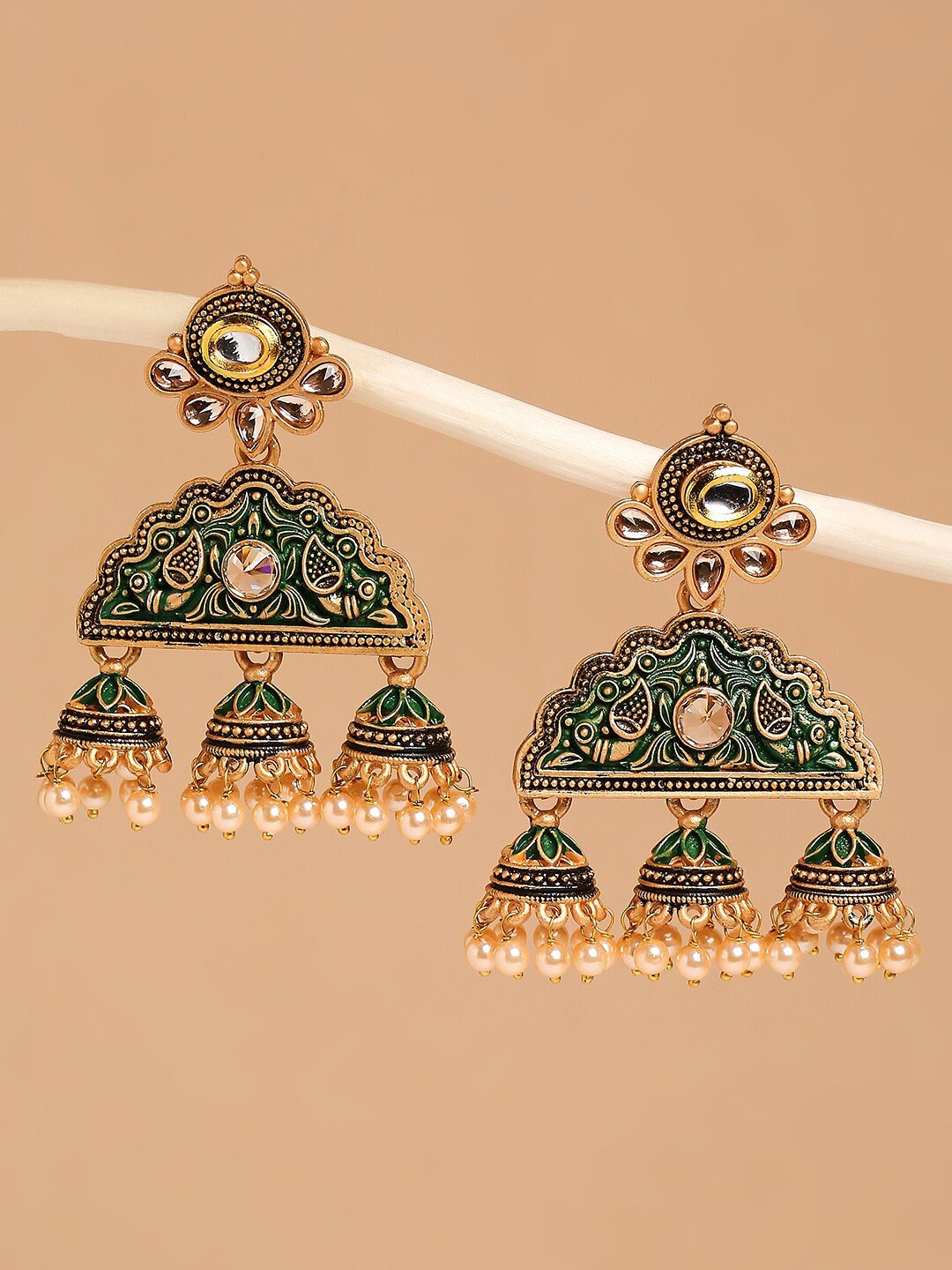 

OOMPH Green & Gold-Toned Peacock Shaped Jhumkas Earrings