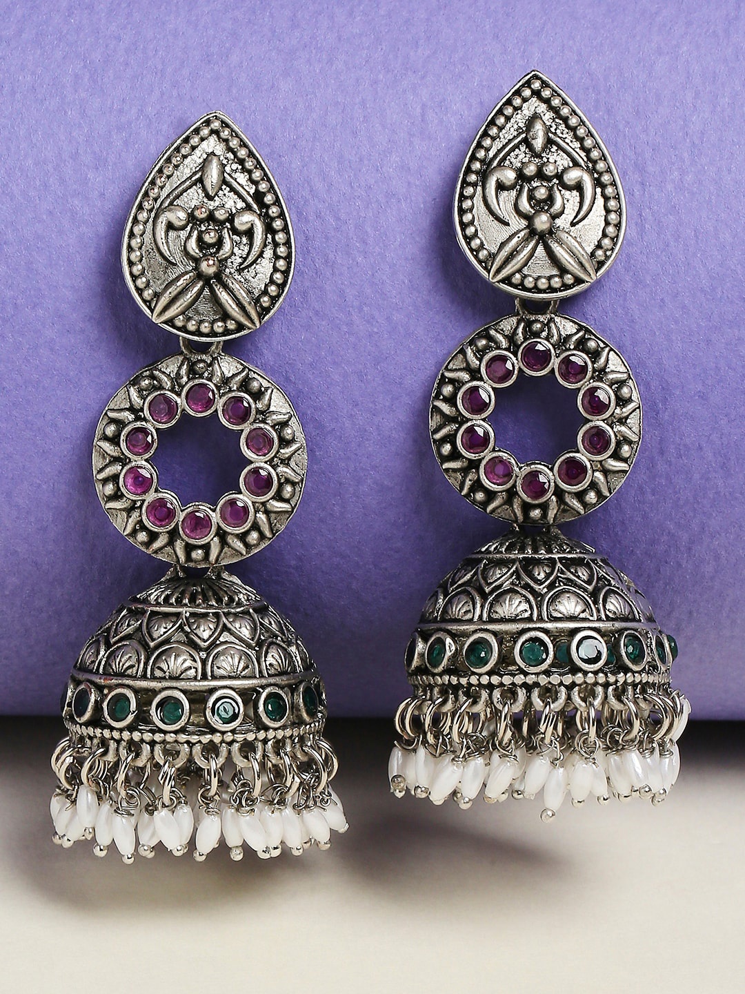 

OOMPH Women Silver & Maroon Floral Jhumkas Earrings