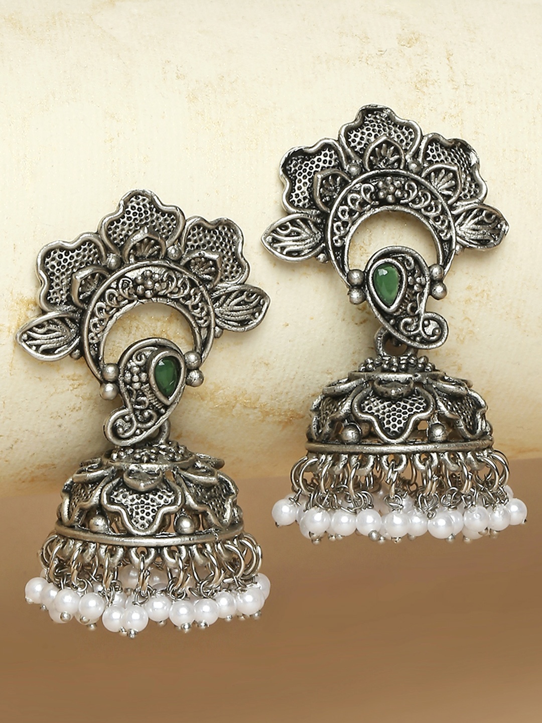 

OOMPH Oxidised Green Floral Ethnic Jhumkas Earrings