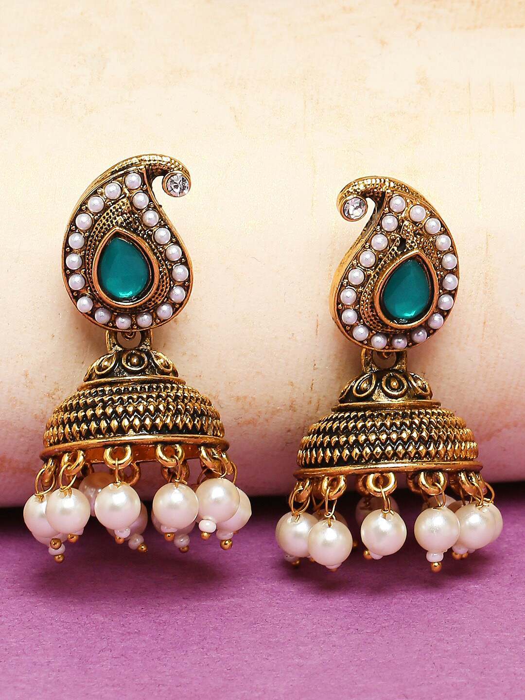 

OOMPH Antique Gold With Pearls Green Kundan Large Green Floral Jhumkas Earrings