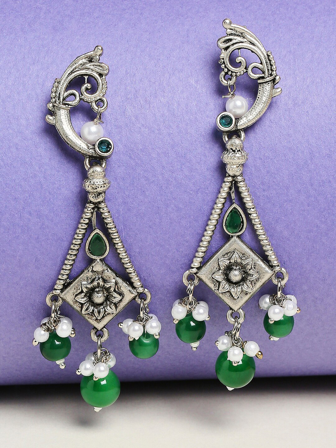 

OOMPH Green & Silver-Toned Peacock Shaped Drop Earrings