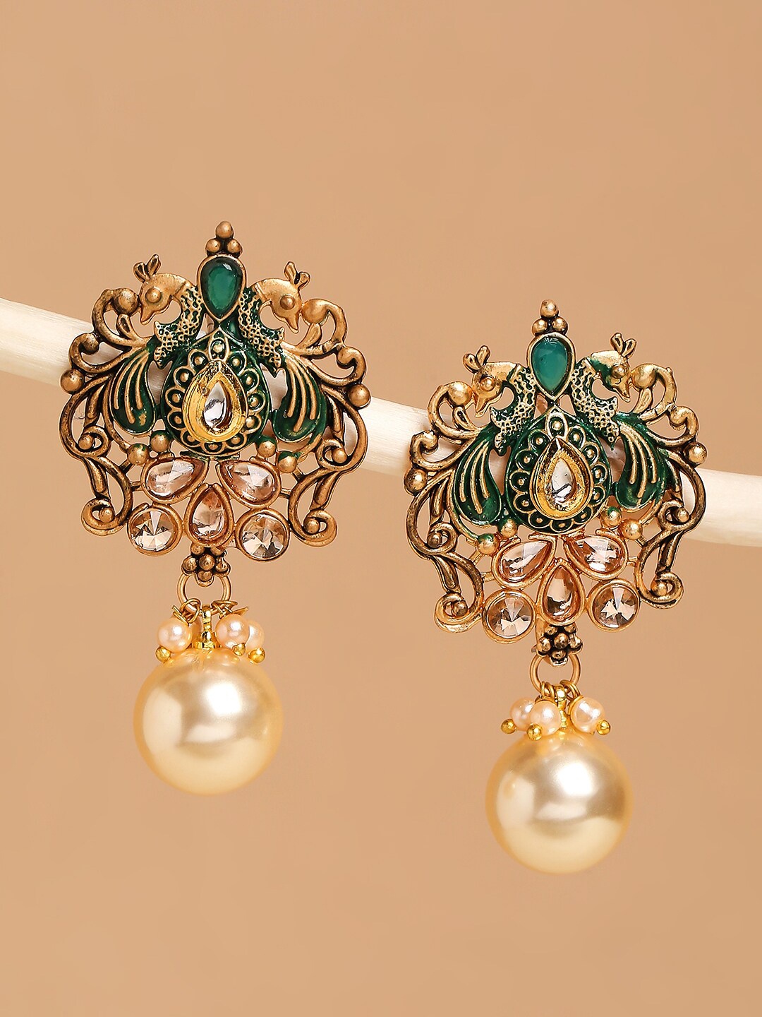 

OOMPH Green & Gold-Toned Peacock Shaped Drop Earrings