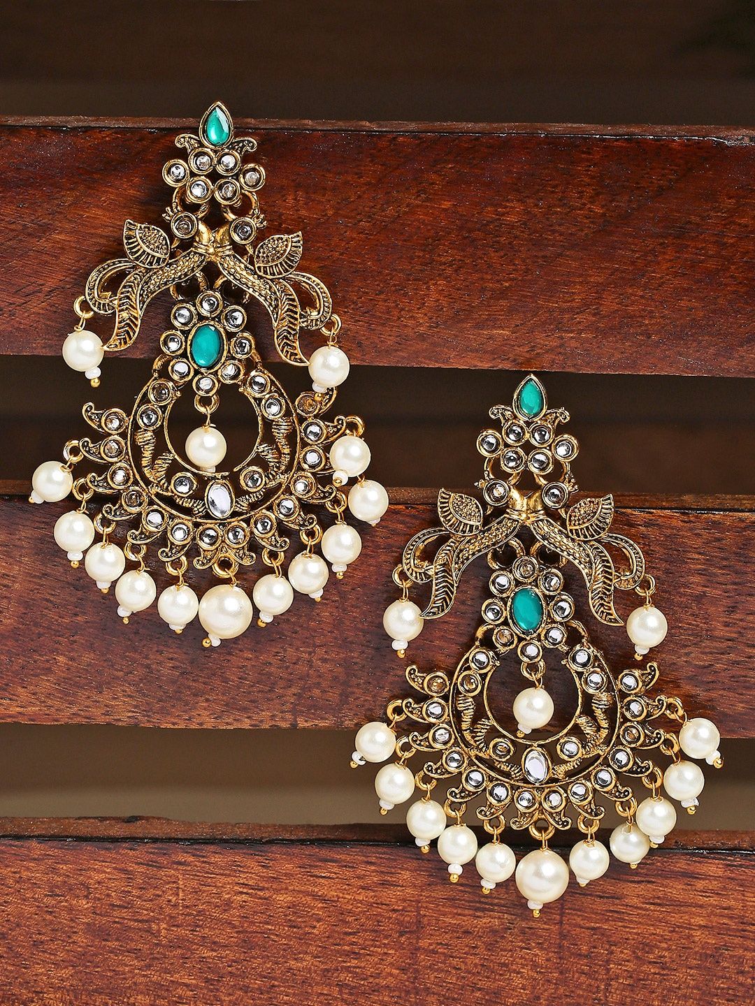 

OOMPH Green & White Peacock Shaped Chandbalis Earrings