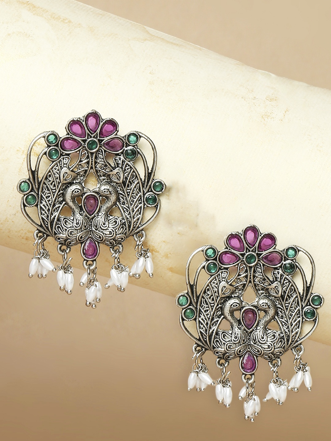 

OOMPH Maroon & Green Stone with Beads Peacock Shaped Drop Earrings